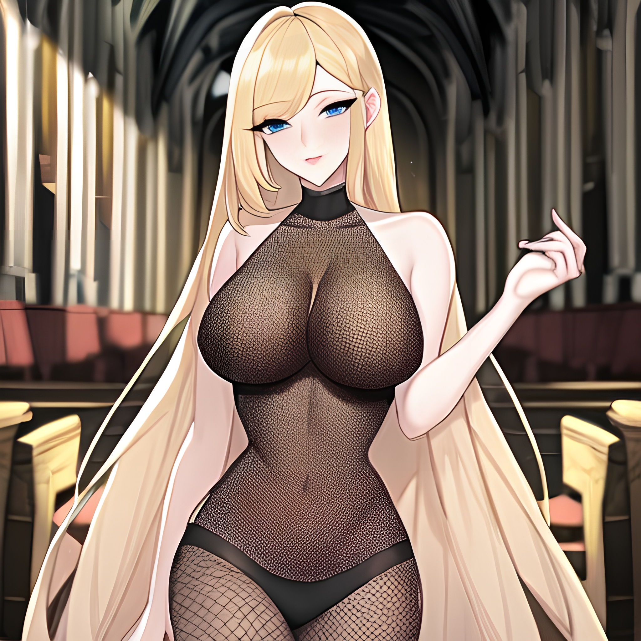 long hair woman blonde church fishnet 