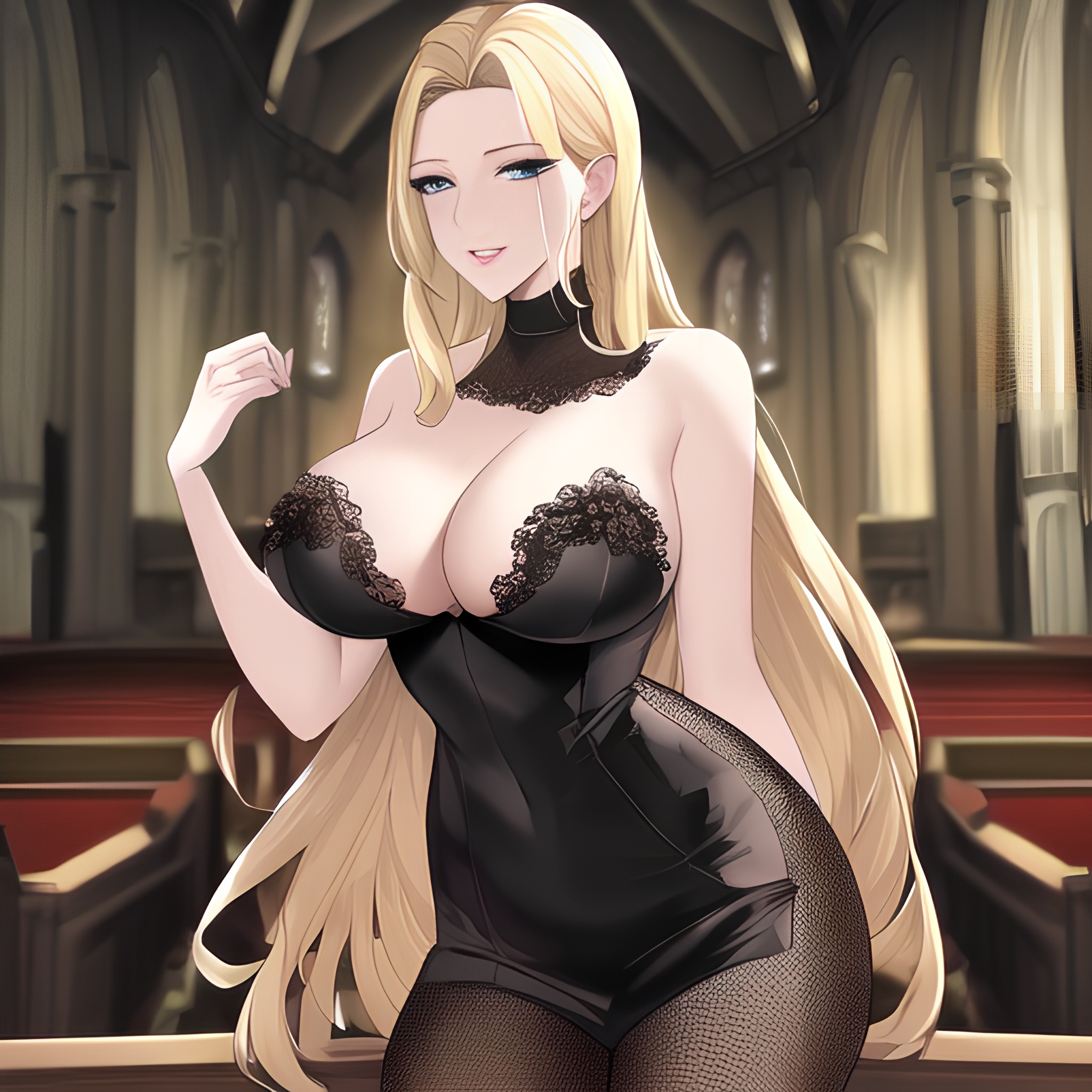long hair woman blonde church front view small boobs nude fishnet 
