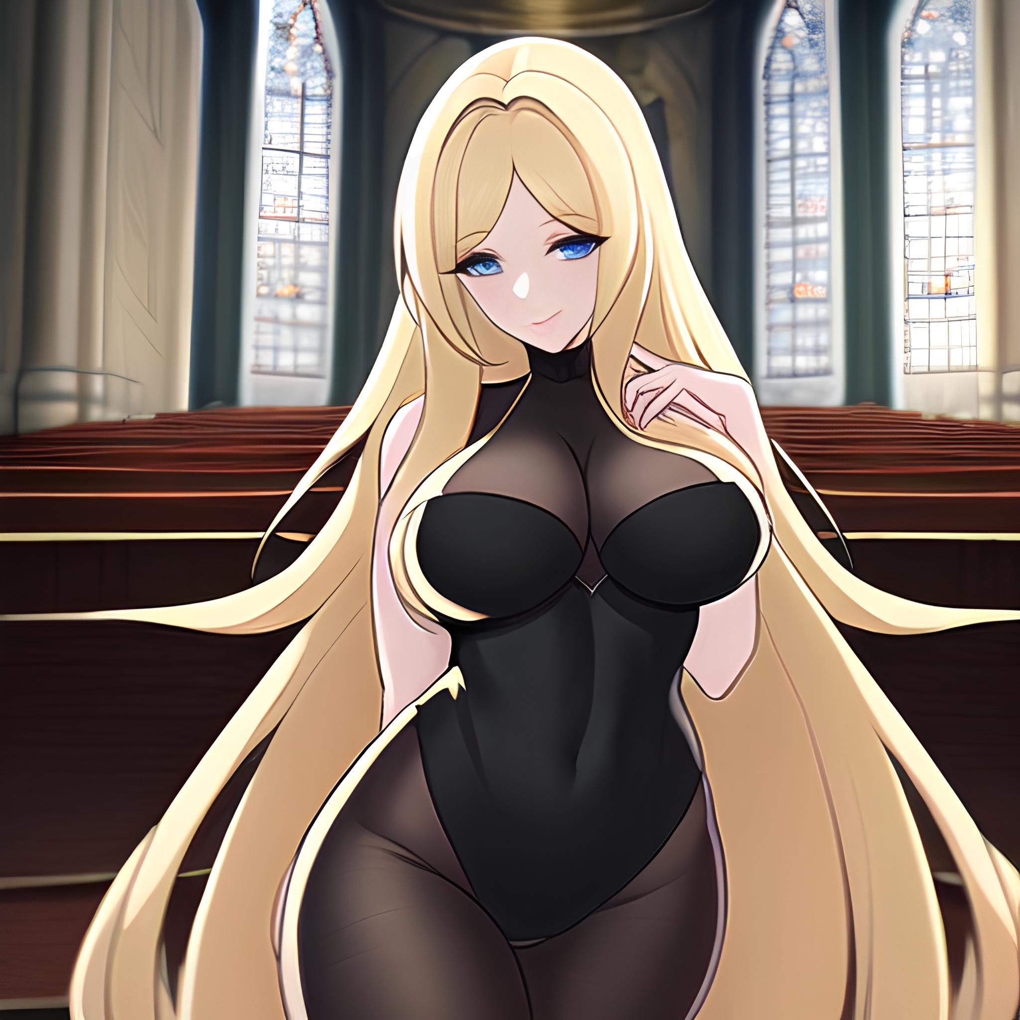 long hair woman blonde fishnet church 