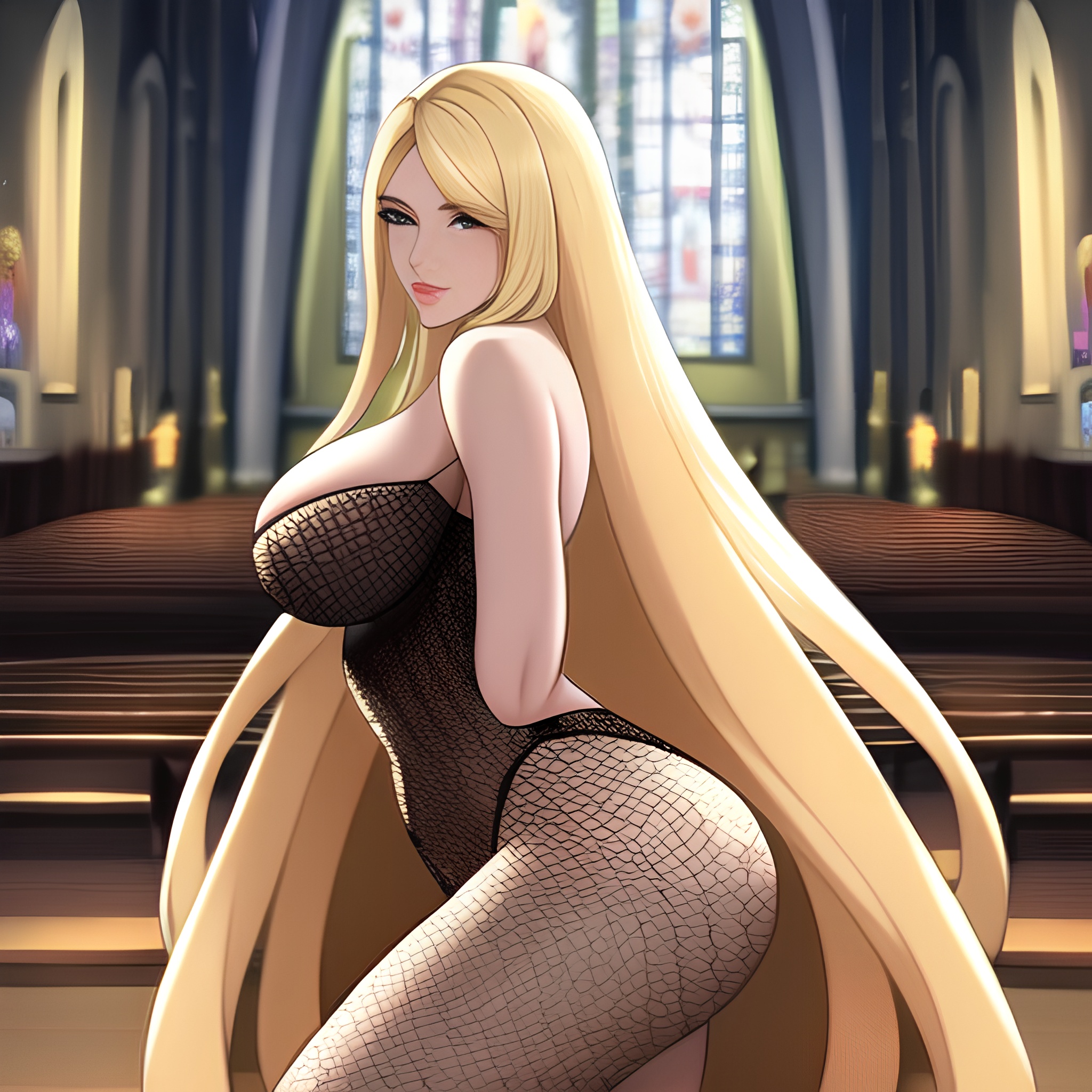 long hair woman blonde fishnet church 