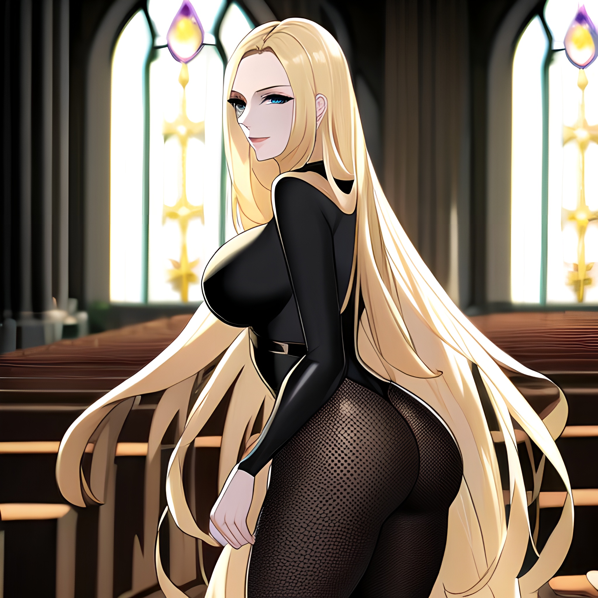 long hair woman blonde fishnet church 