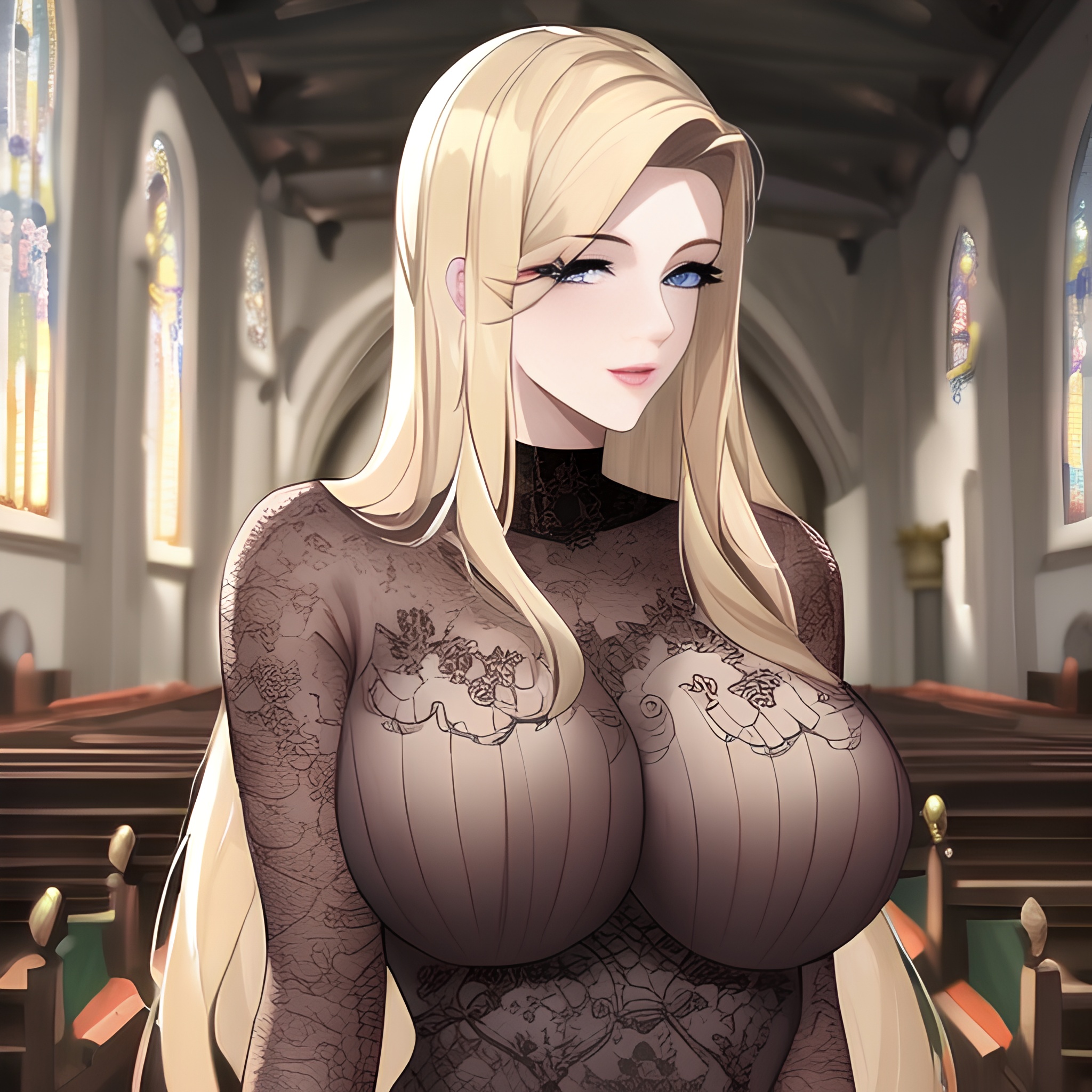 long hair woman blonde fishnet nude small boobs church front view 