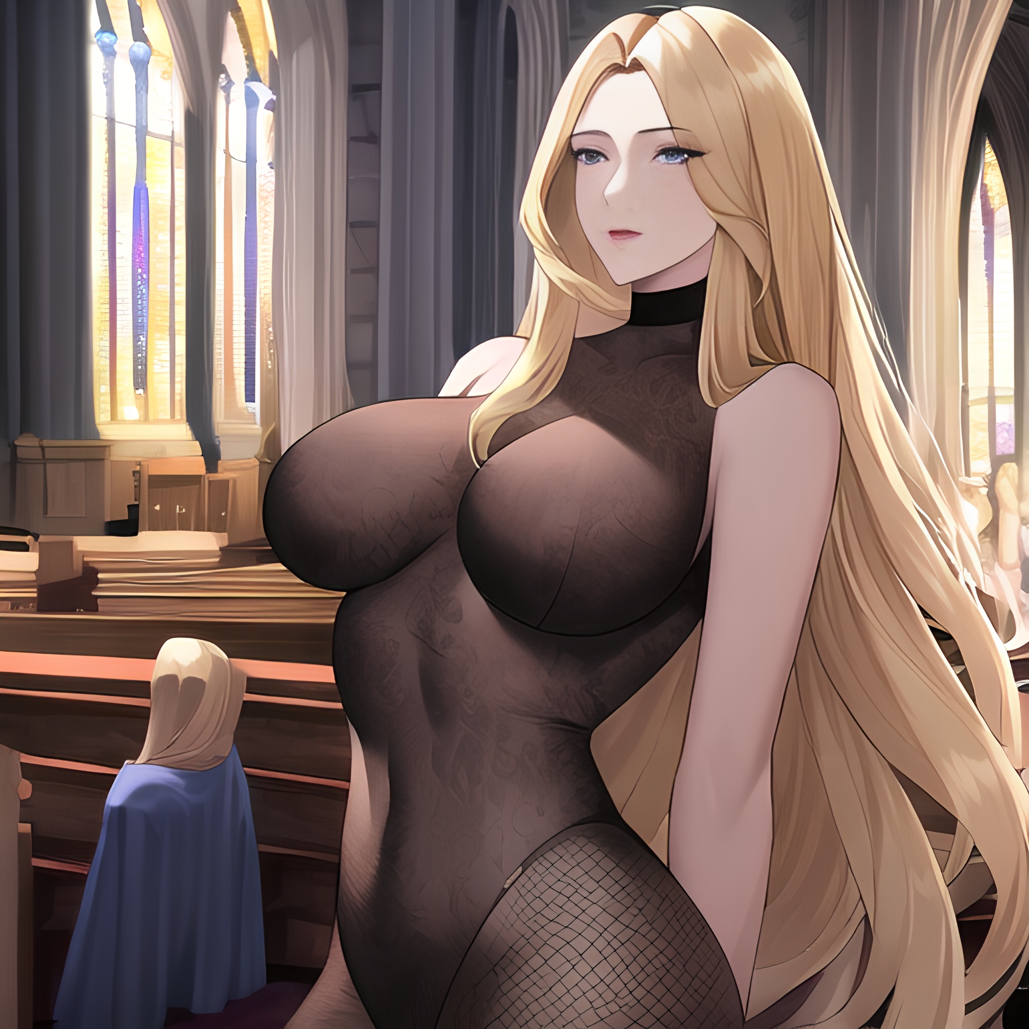 long hair woman blonde small boobs fishnet nude church front view 