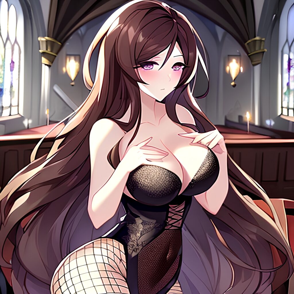 long hair woman brunette church fishnet messy hair 