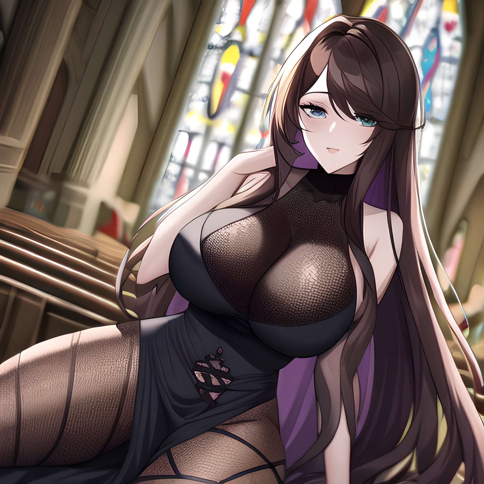 long hair woman brunette church fishnet messy hair 