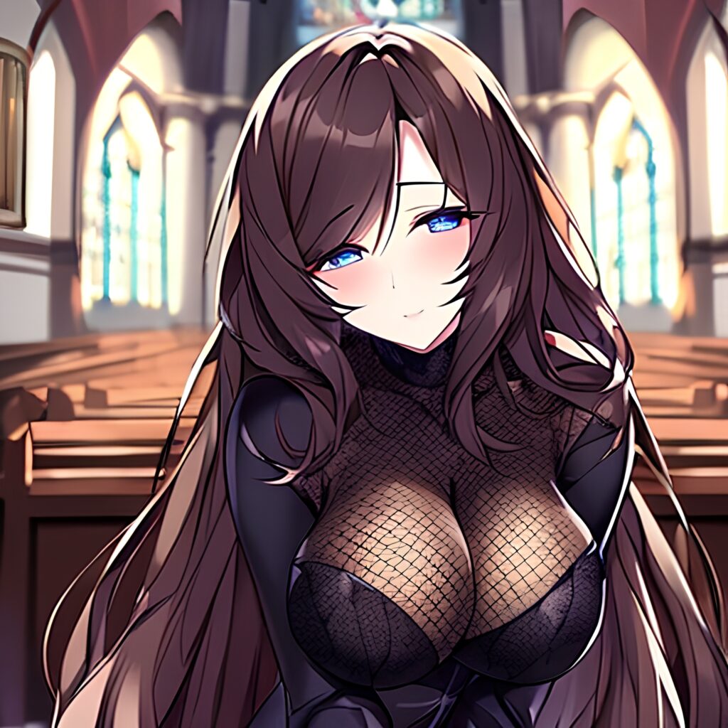 long hair woman brunette church messy hair fishnet 