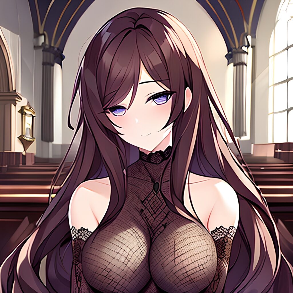 long hair woman brunette church messy hair fishnet 