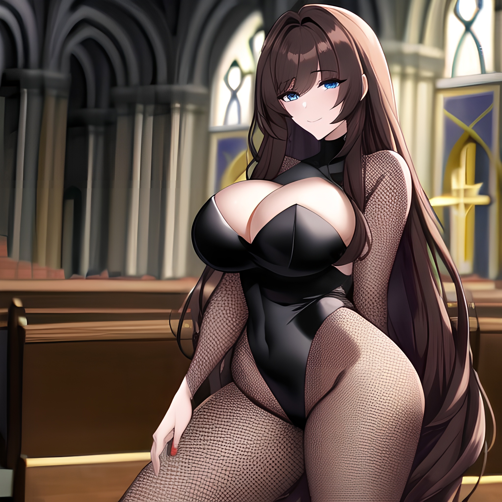 long hair woman brunette church messy hair fishnet 
