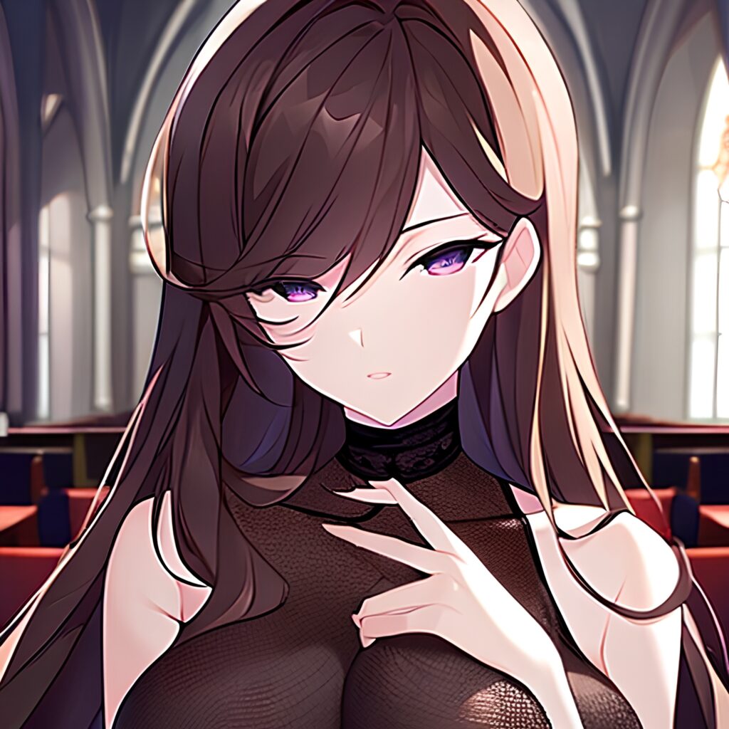 long hair woman brunette fishnet church messy hair 