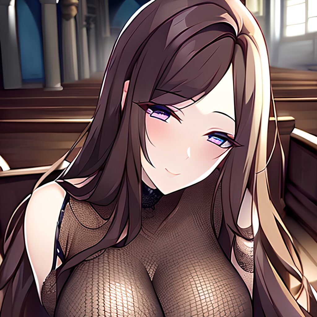 long hair woman brunette fishnet church messy hair 