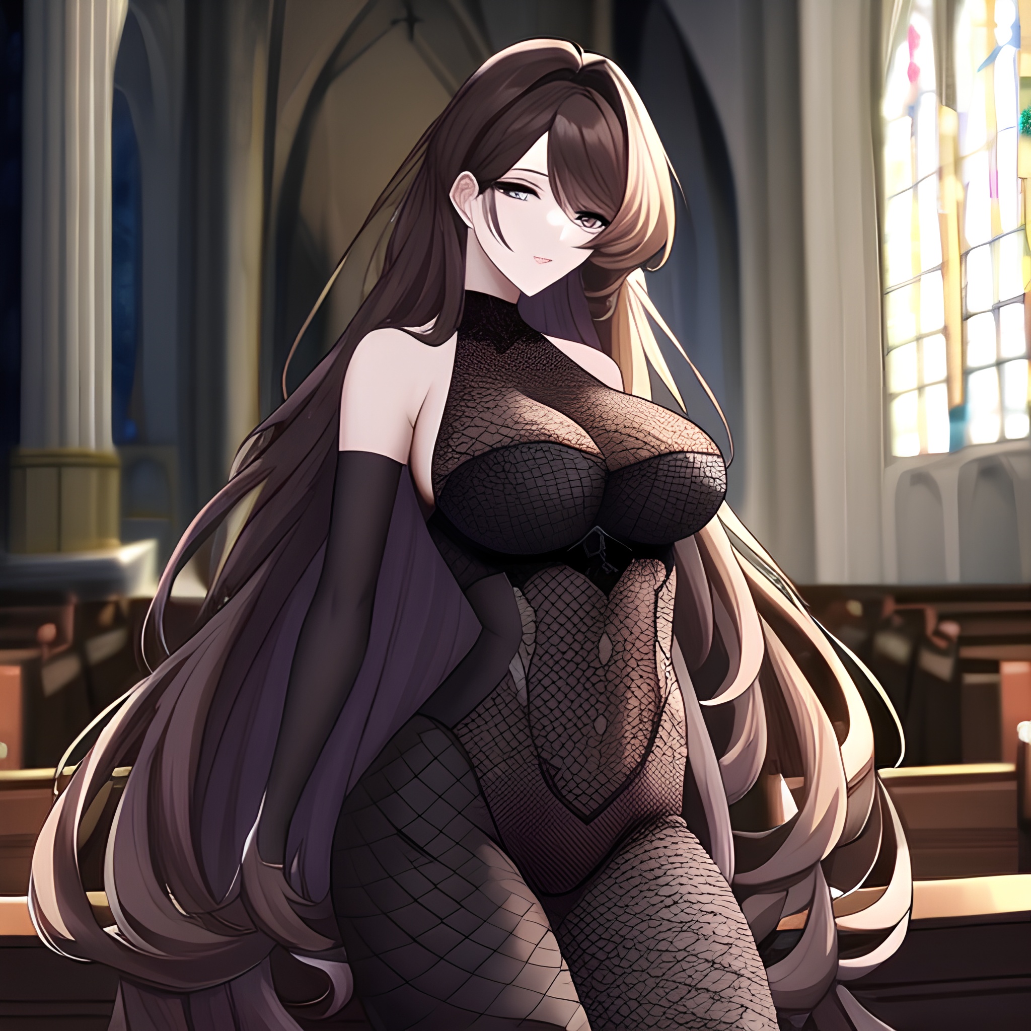 long hair woman brunette fishnet church messy hair 