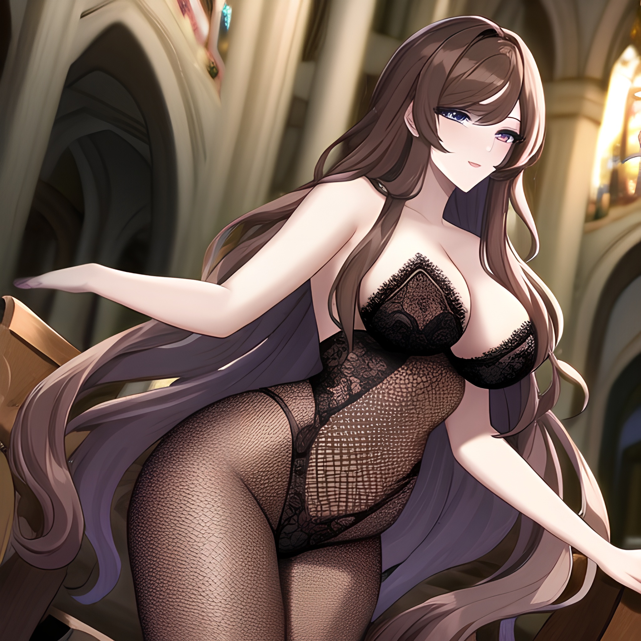 long hair woman brunette fishnet messy hair church 