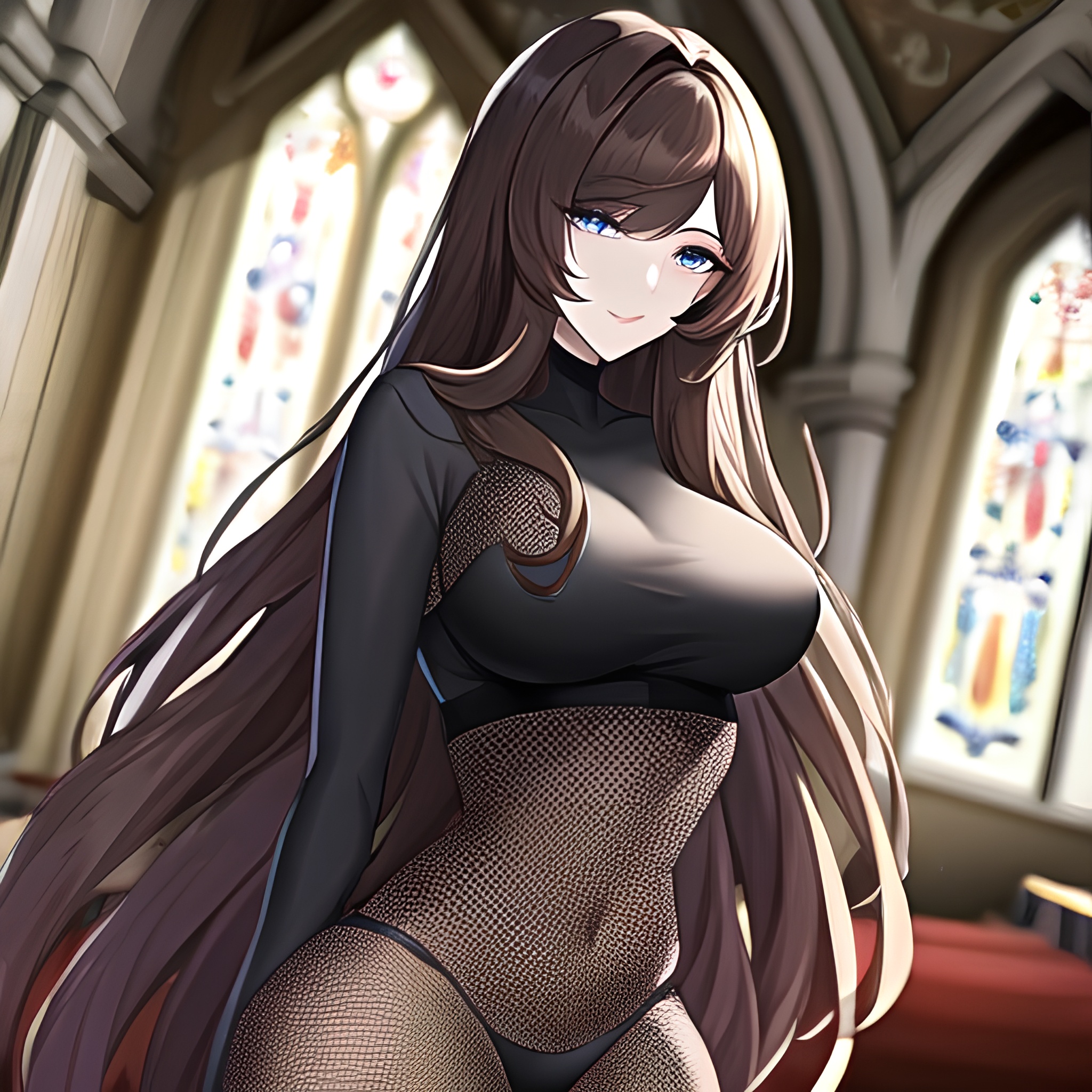 long hair woman brunette fishnet messy hair church 