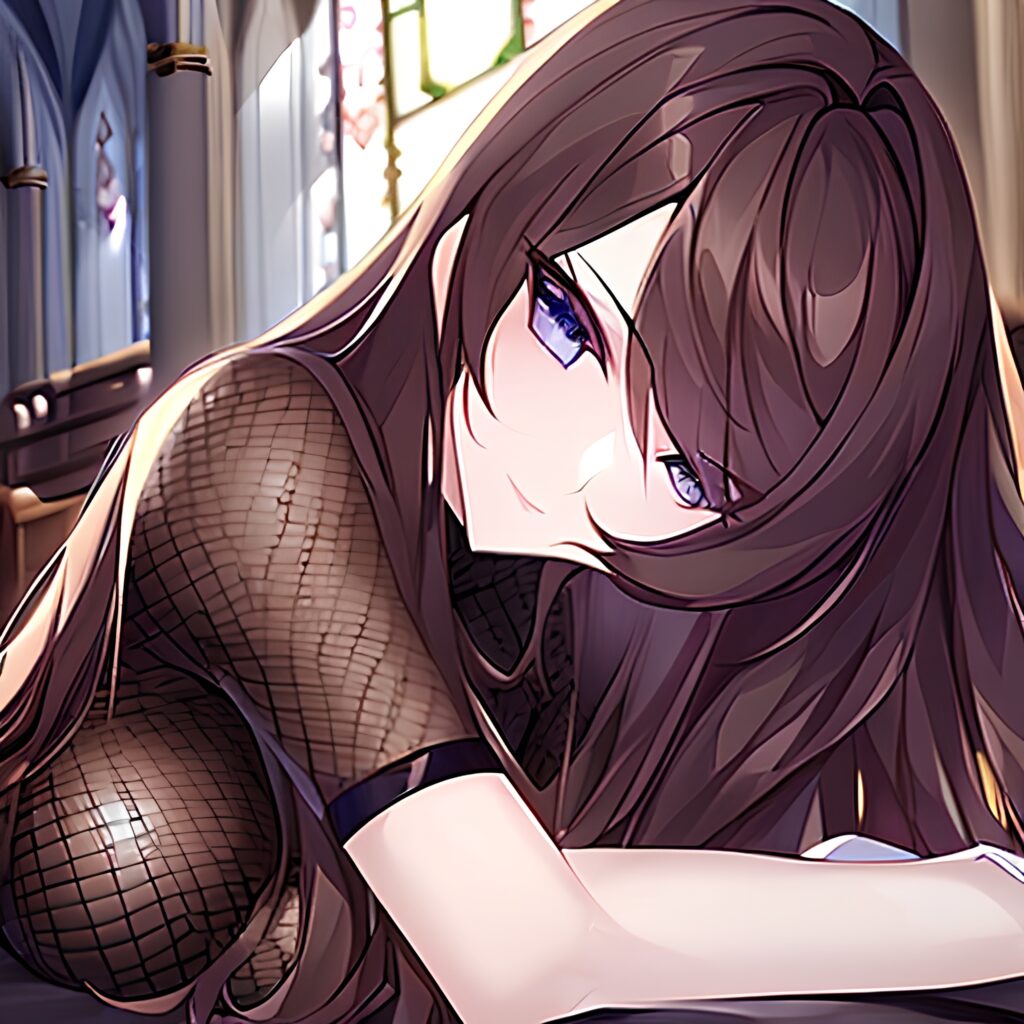 long hair woman brunette fishnet messy hair church 