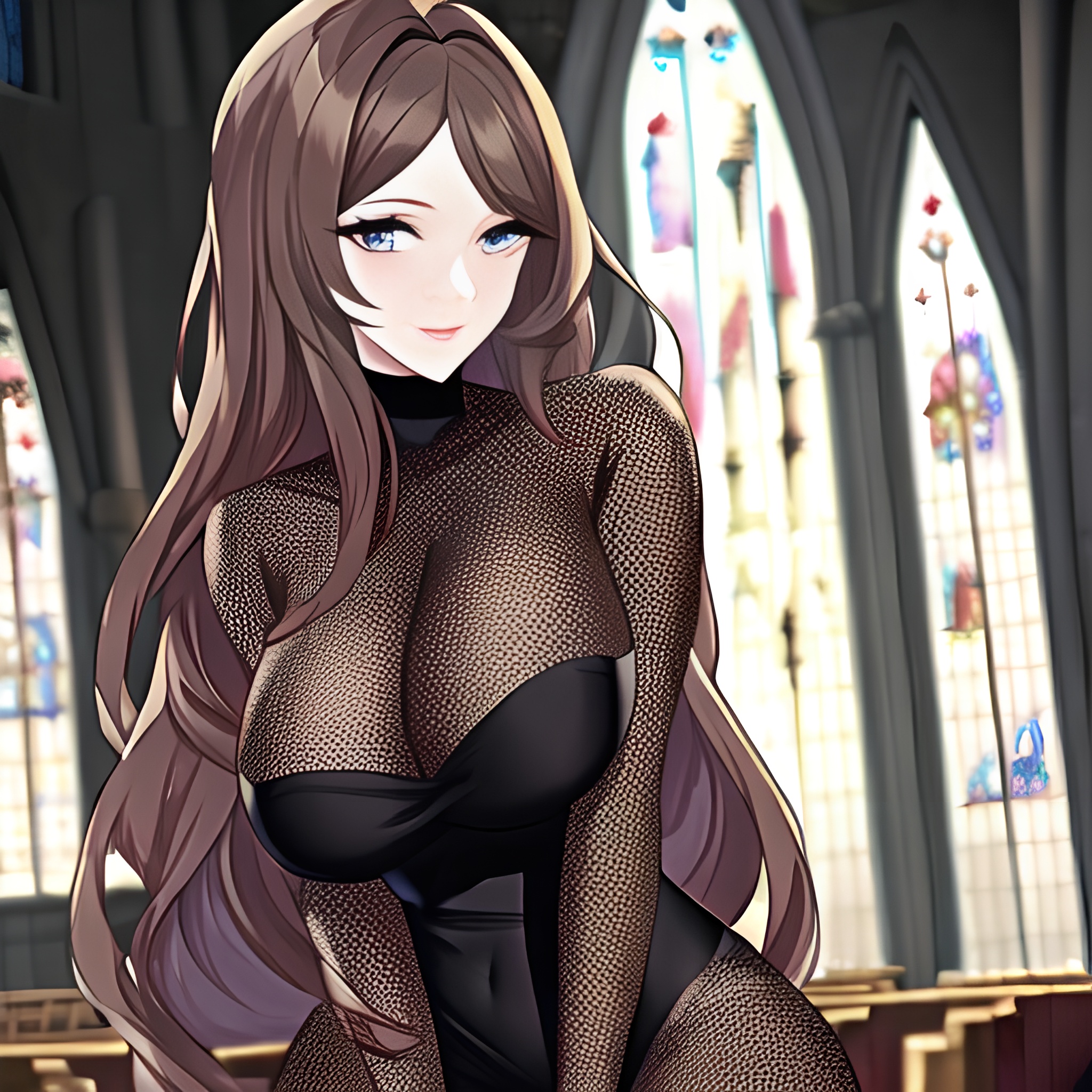 long hair woman brunette fishnet messy hair church 