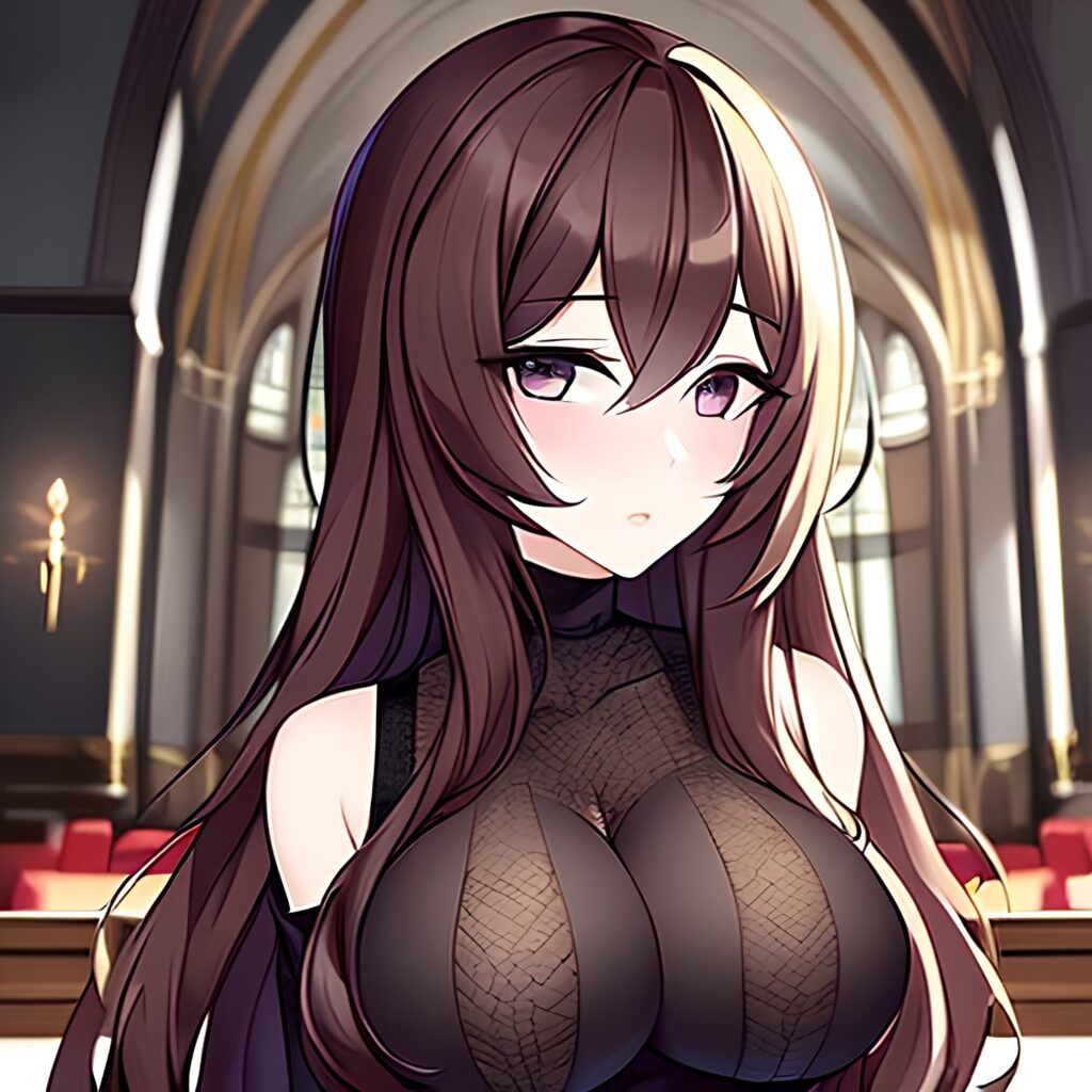 long hair woman brunette messy hair church fishnet 