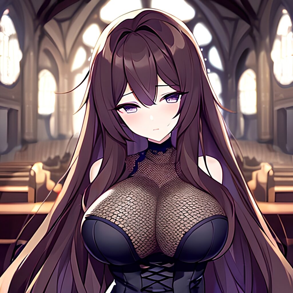 long hair woman brunette messy hair church fishnet 