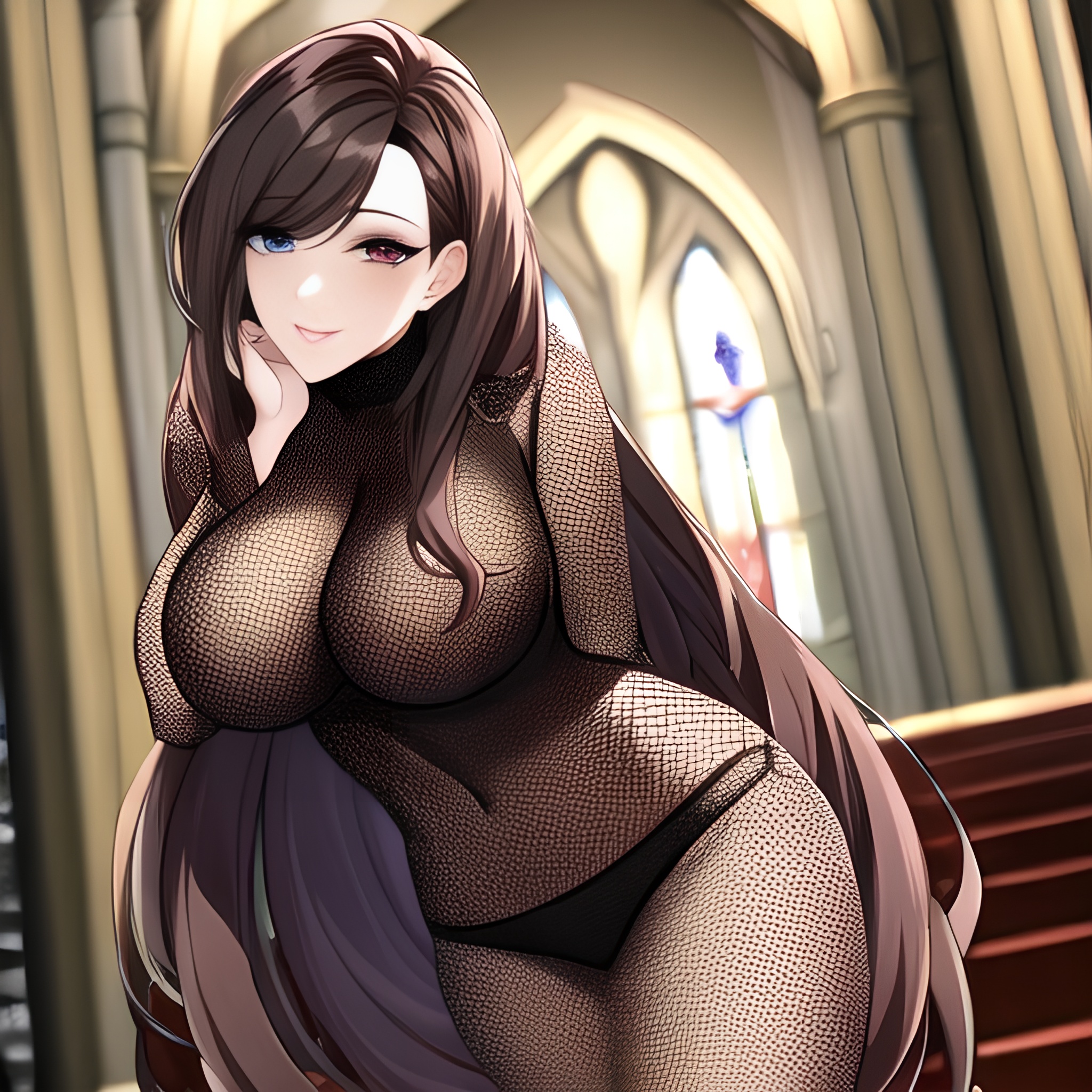 long hair woman brunette messy hair church fishnet