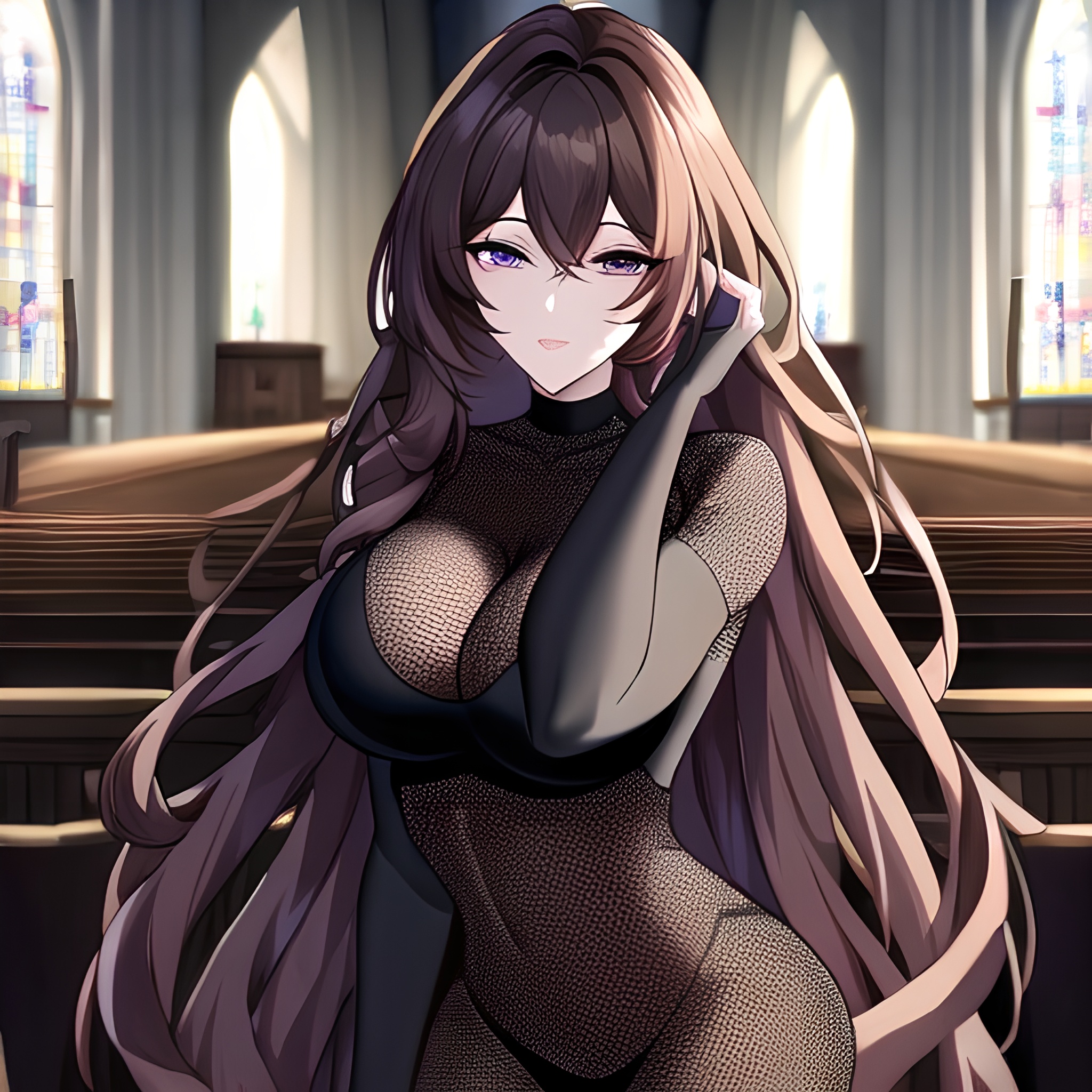 long hair woman brunette messy hair church fishnet 