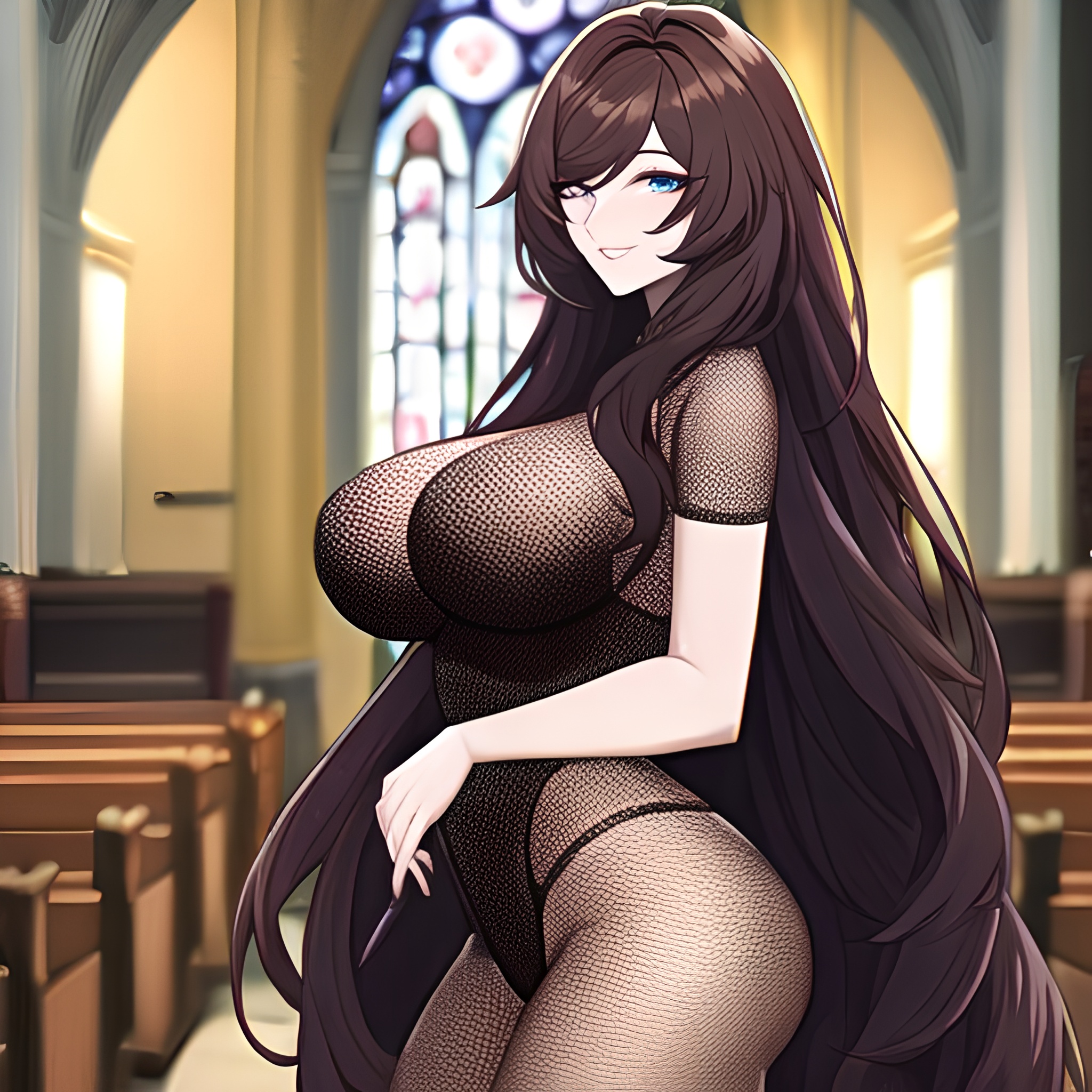 long hair woman brunette messy hair church fishnet 