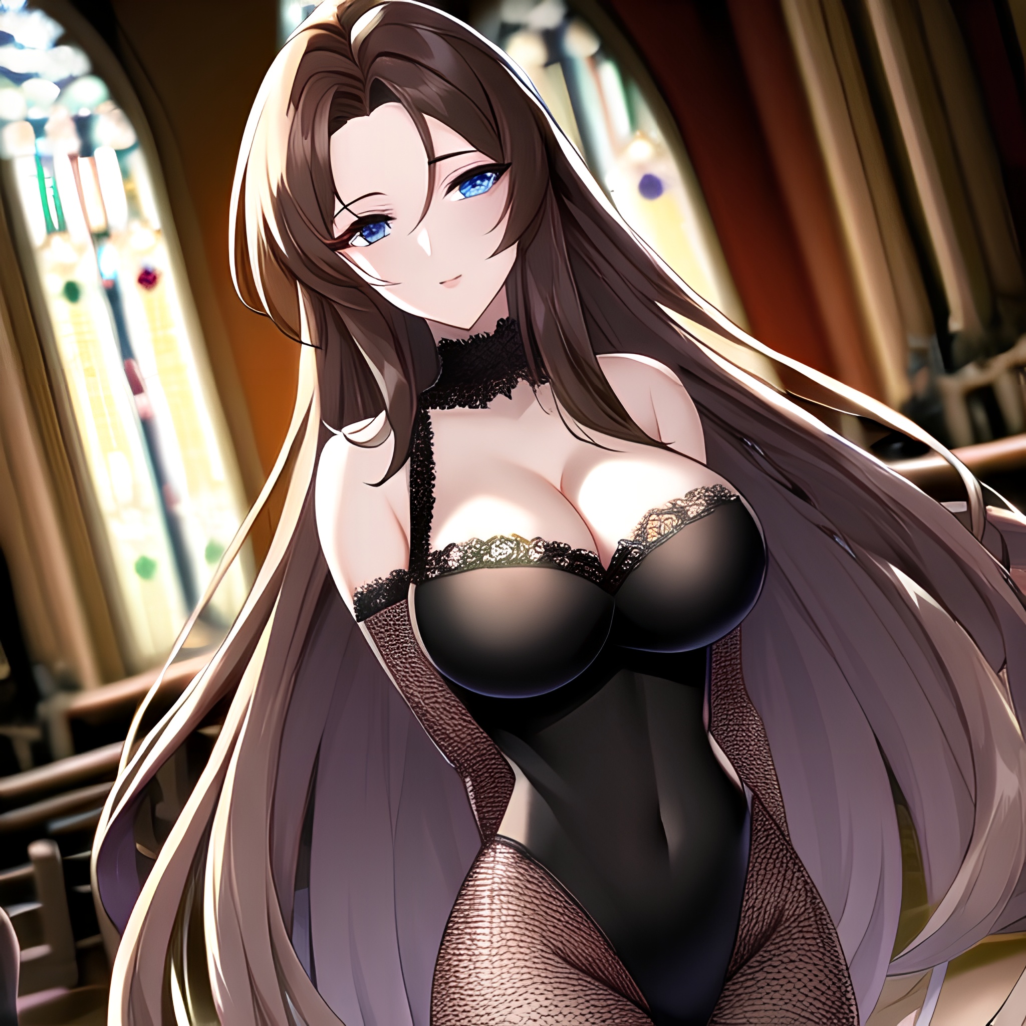 long hair woman brunette messy hair church fishnet 