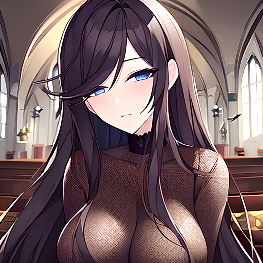 long hair woman brunette messy hair church fishnet 