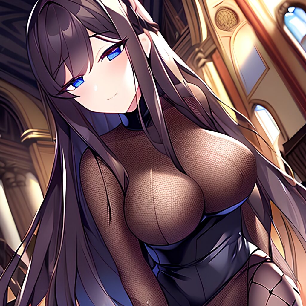 long hair woman brunette messy hair church fishnet 