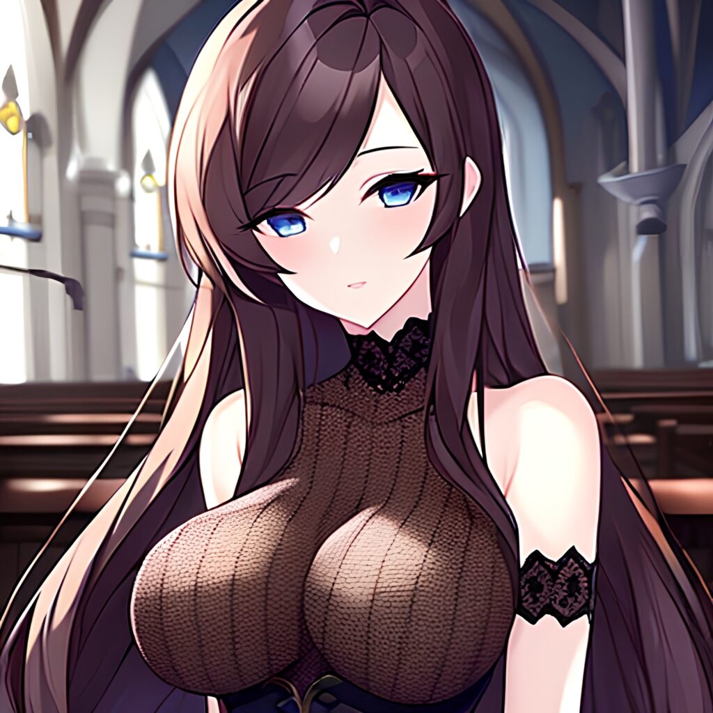 long hair woman brunette messy hair fishnet church 