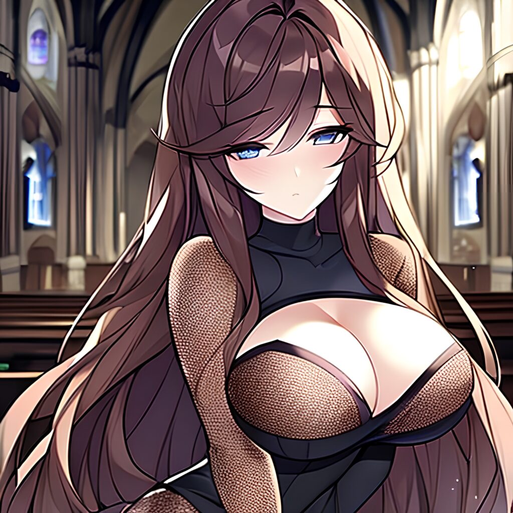 long hair woman brunette messy hair fishnet church 