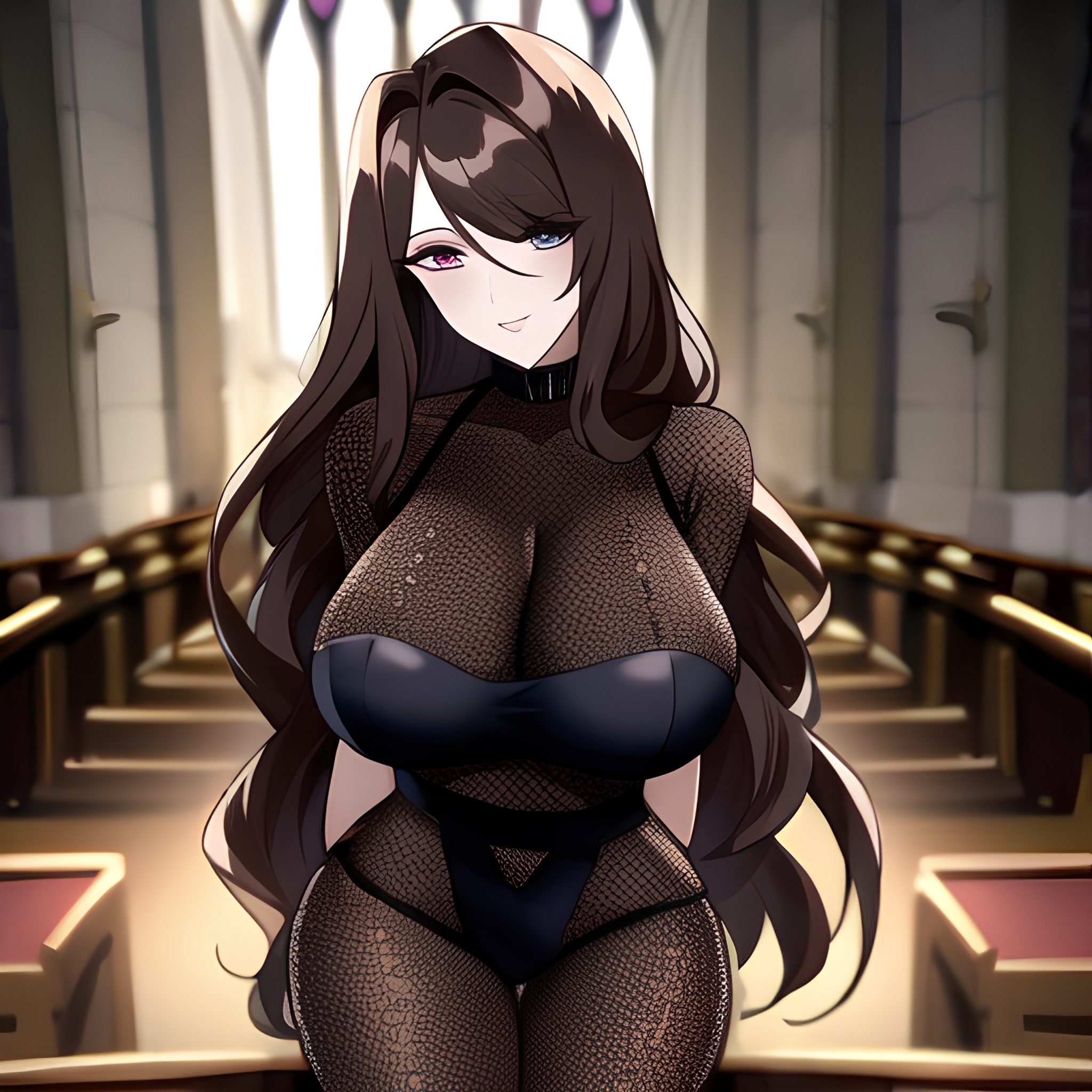 long hair woman brunette messy hair fishnet church 