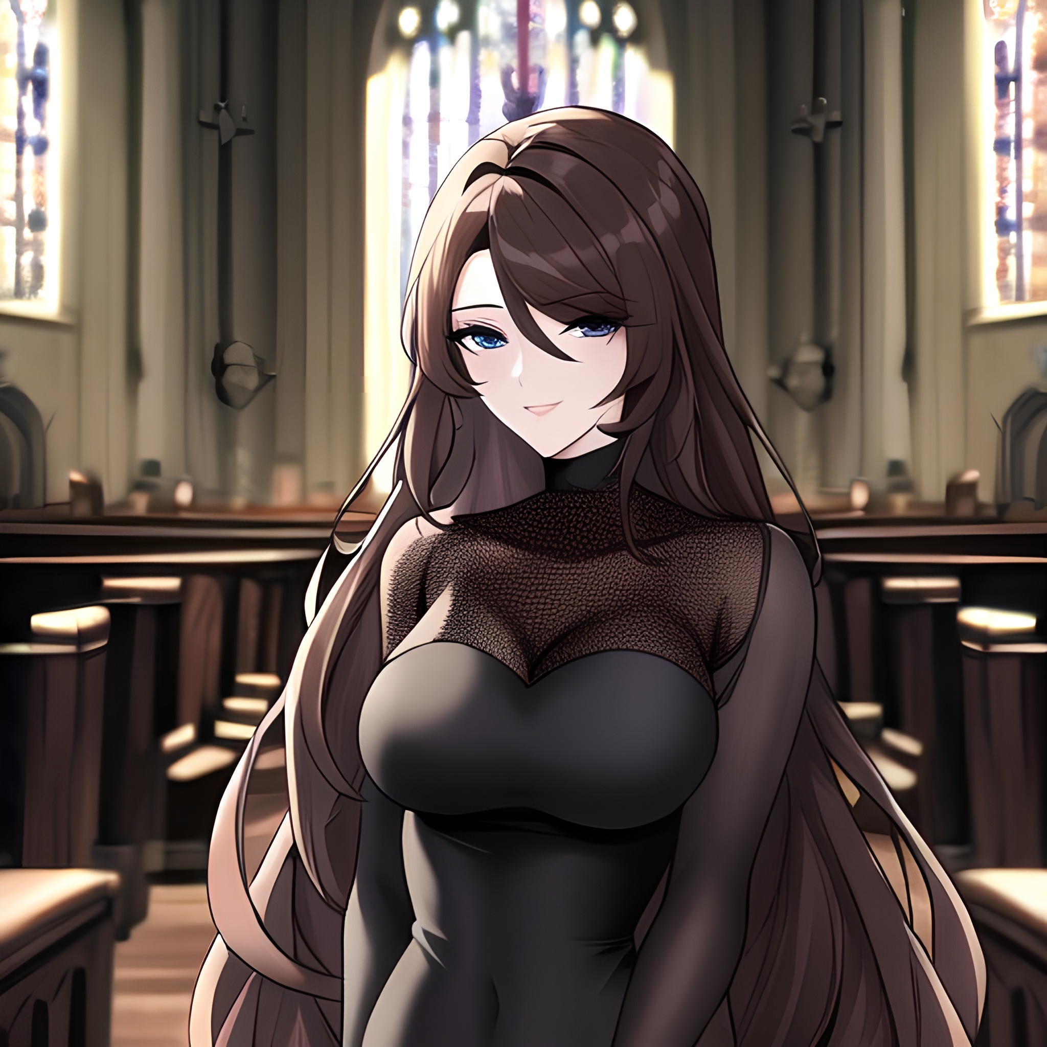 long hair woman brunette messy hair fishnet church 