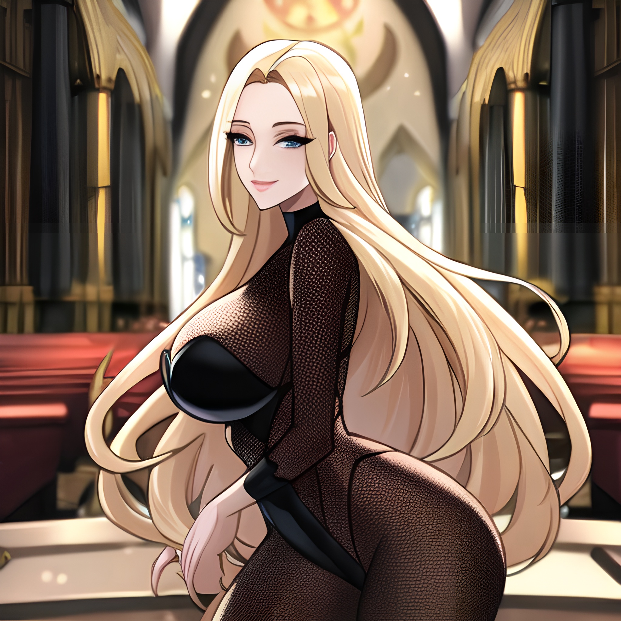 long hair woman church blonde fishnet