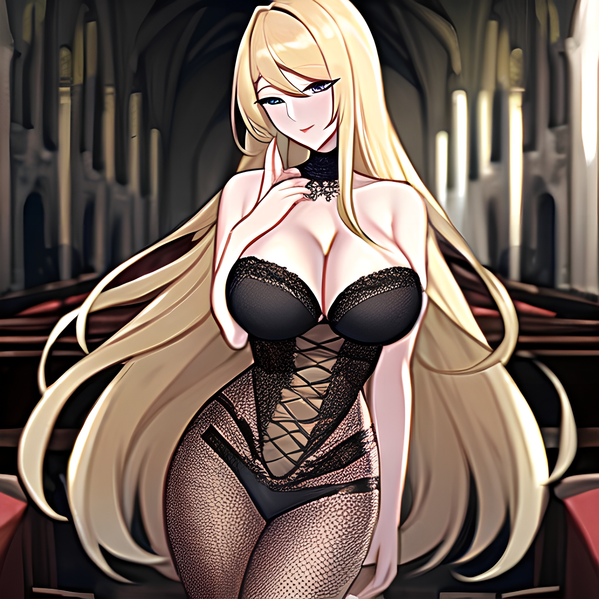 long hair woman church blonde fishnet