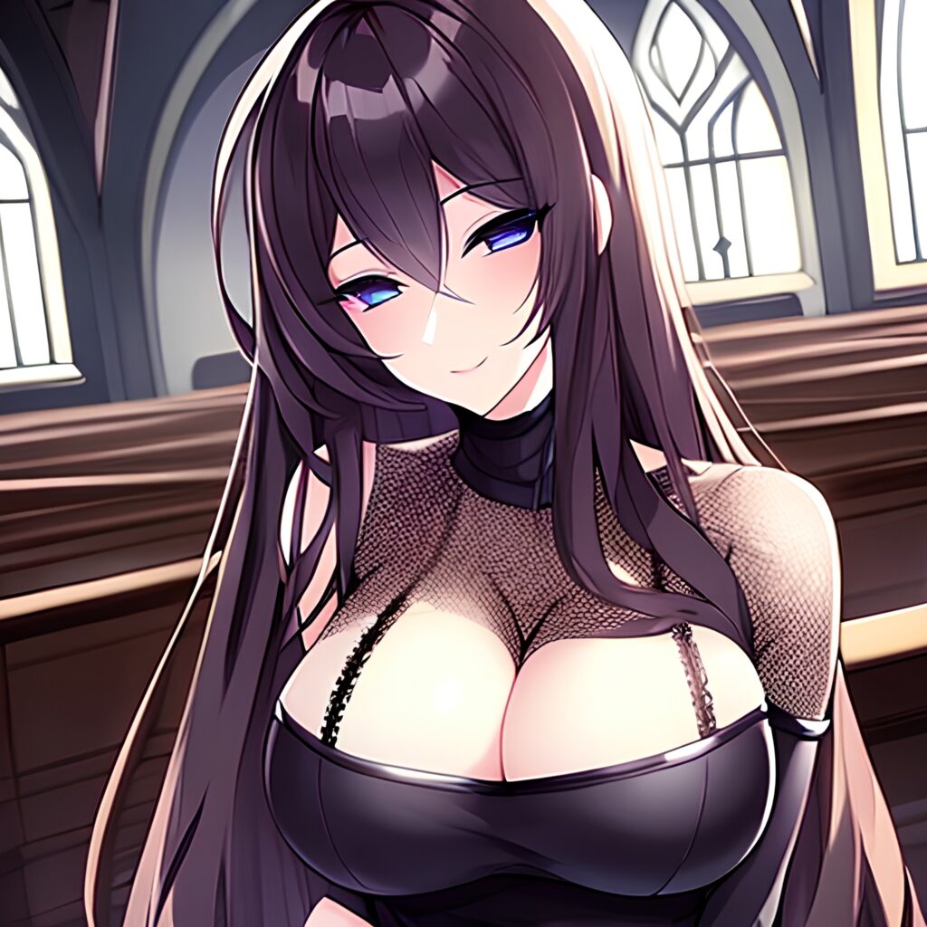 long hair woman church brunette fishnet messy hair 