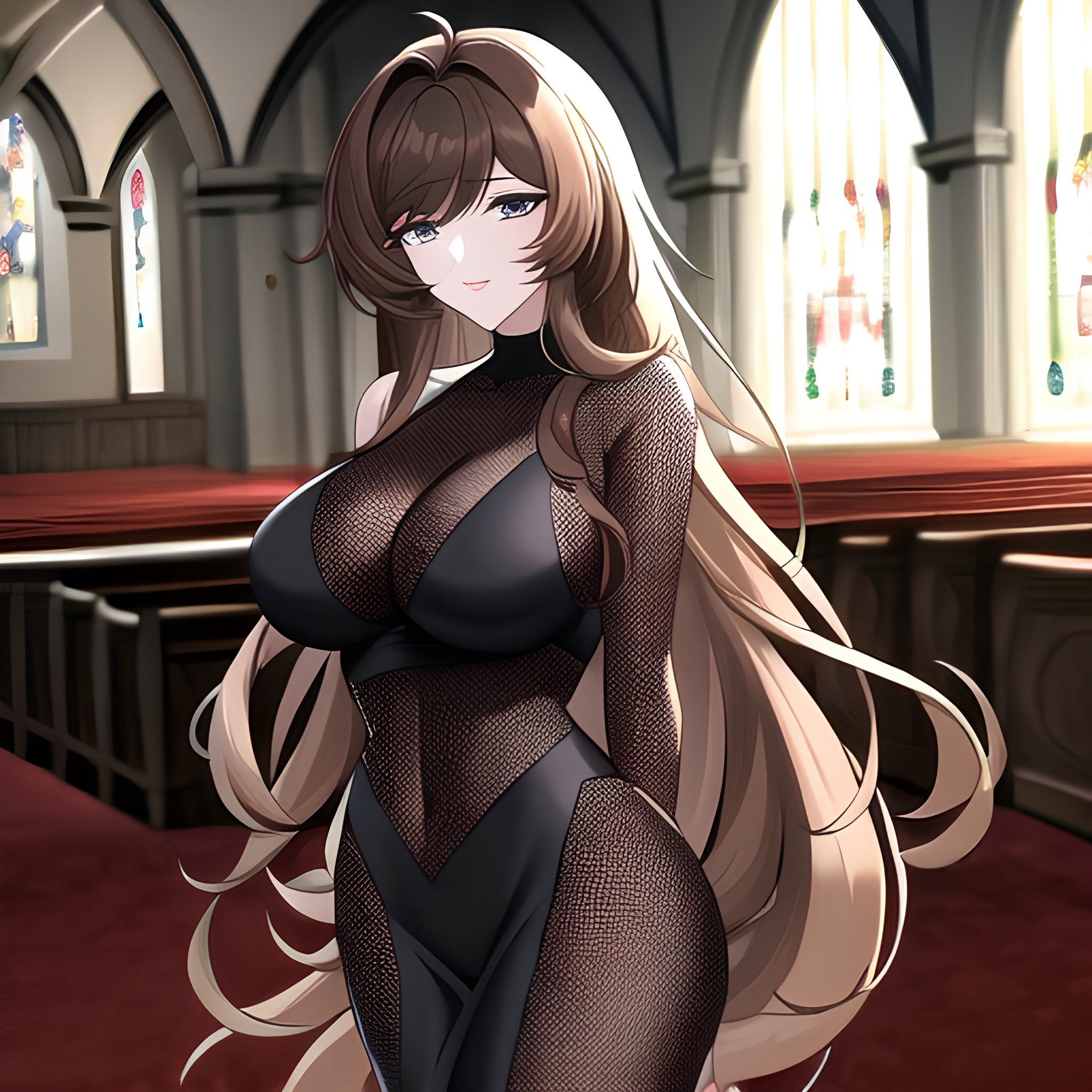 long hair woman church brunette fishnet messy hair 