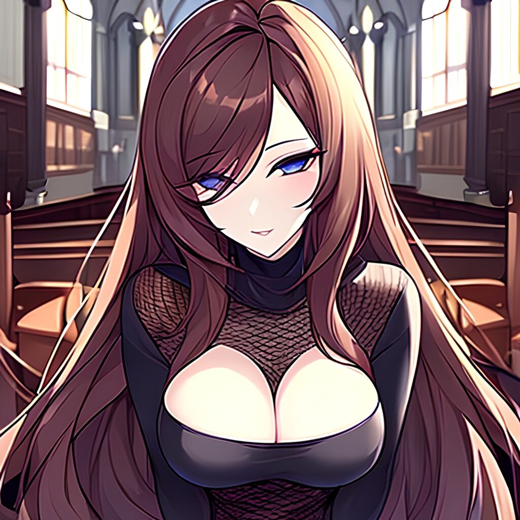 long hair woman church brunette fishnet messy hair 