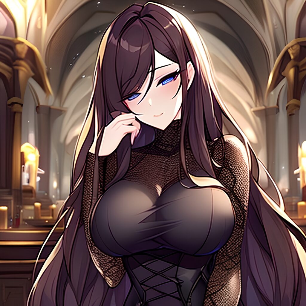 long hair woman church brunette fishnet messy hair 