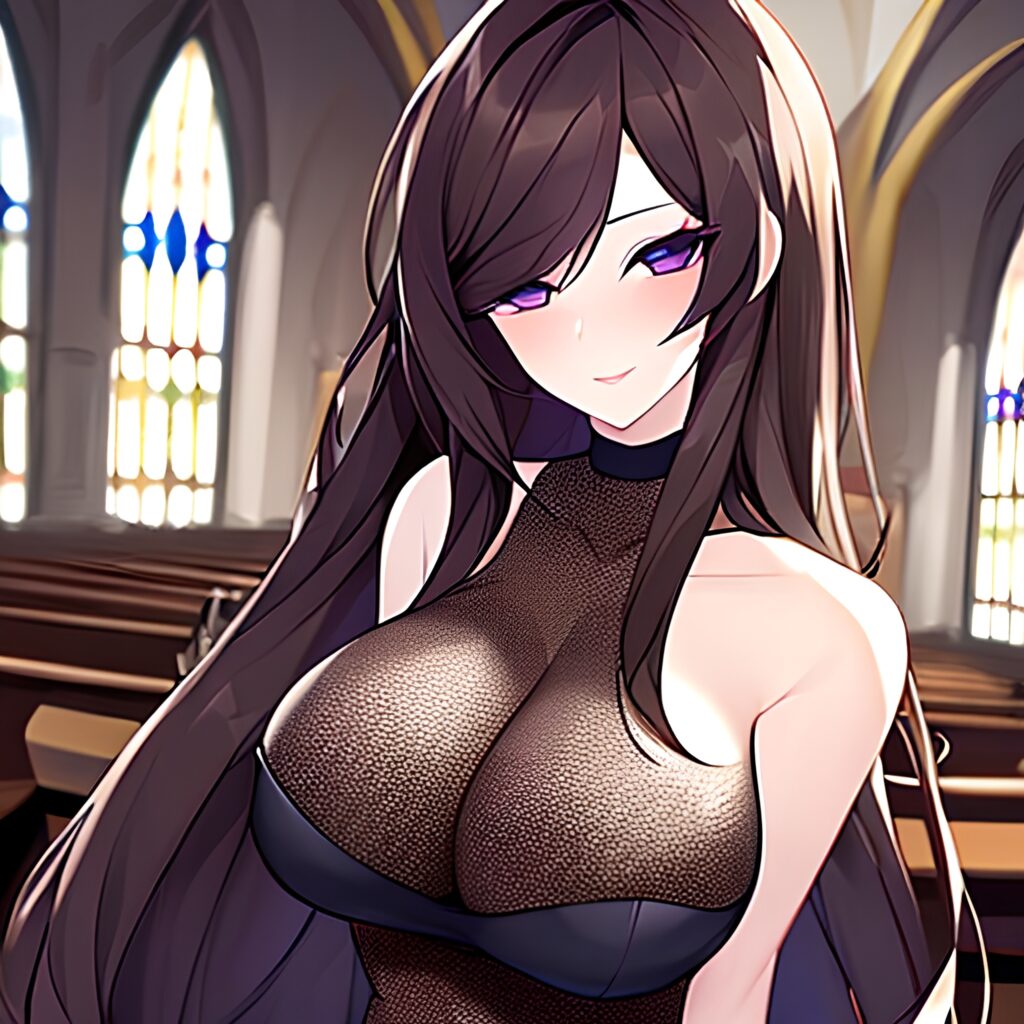 long hair woman church brunette fishnet messy hair 