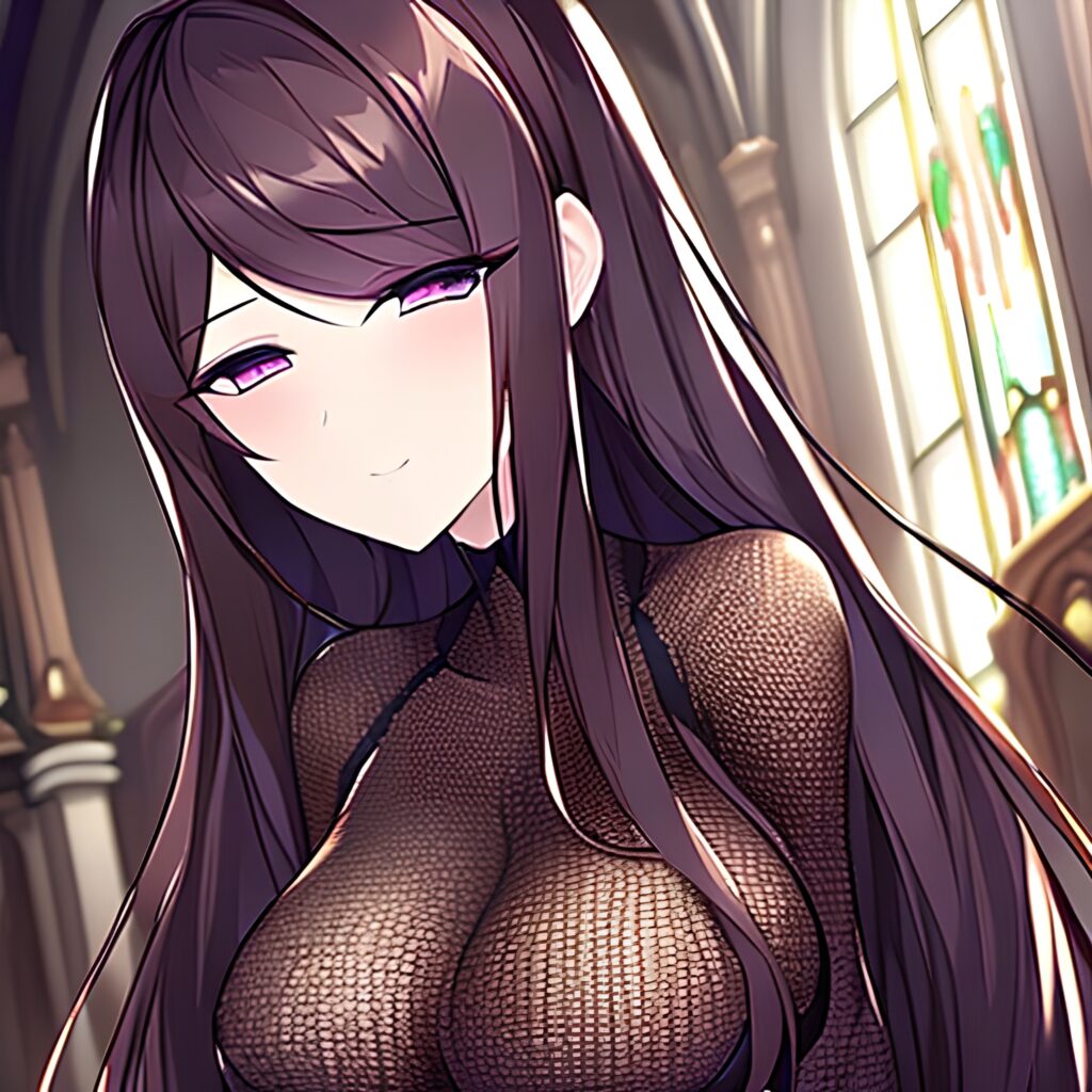 long hair woman church brunette fishnet messy hair 