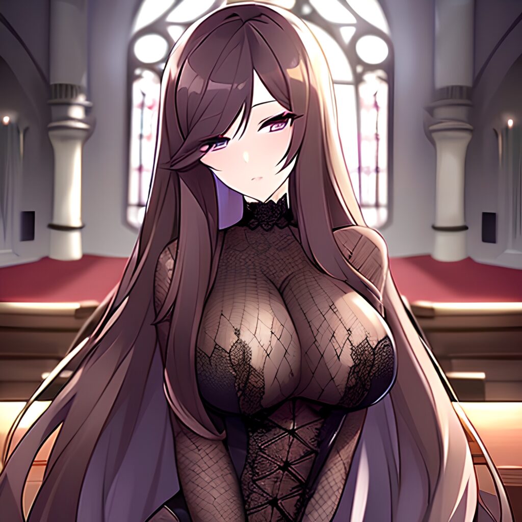 long hair woman church brunette messy hair fishnet 