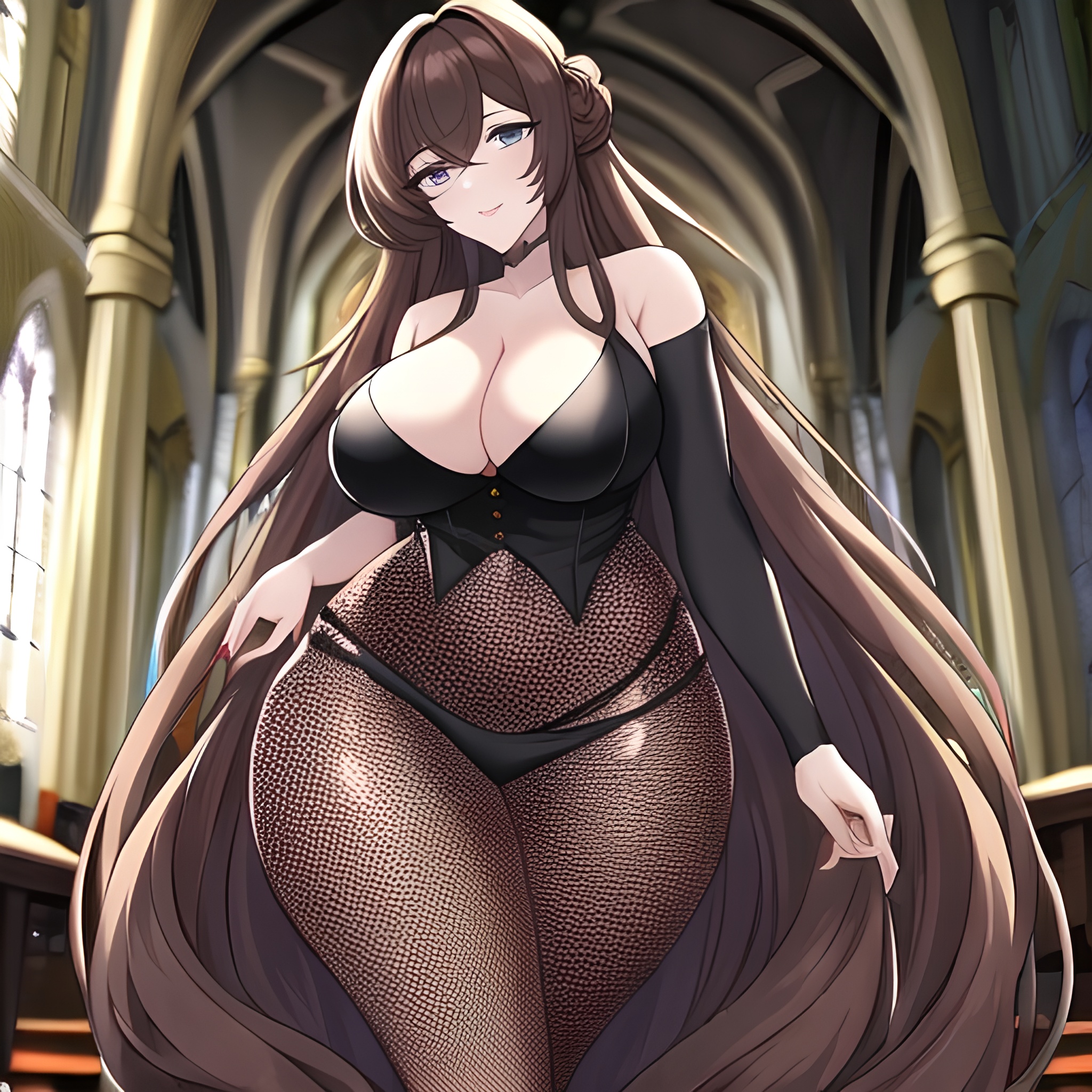 long hair woman church brunette messy hair fishnet 