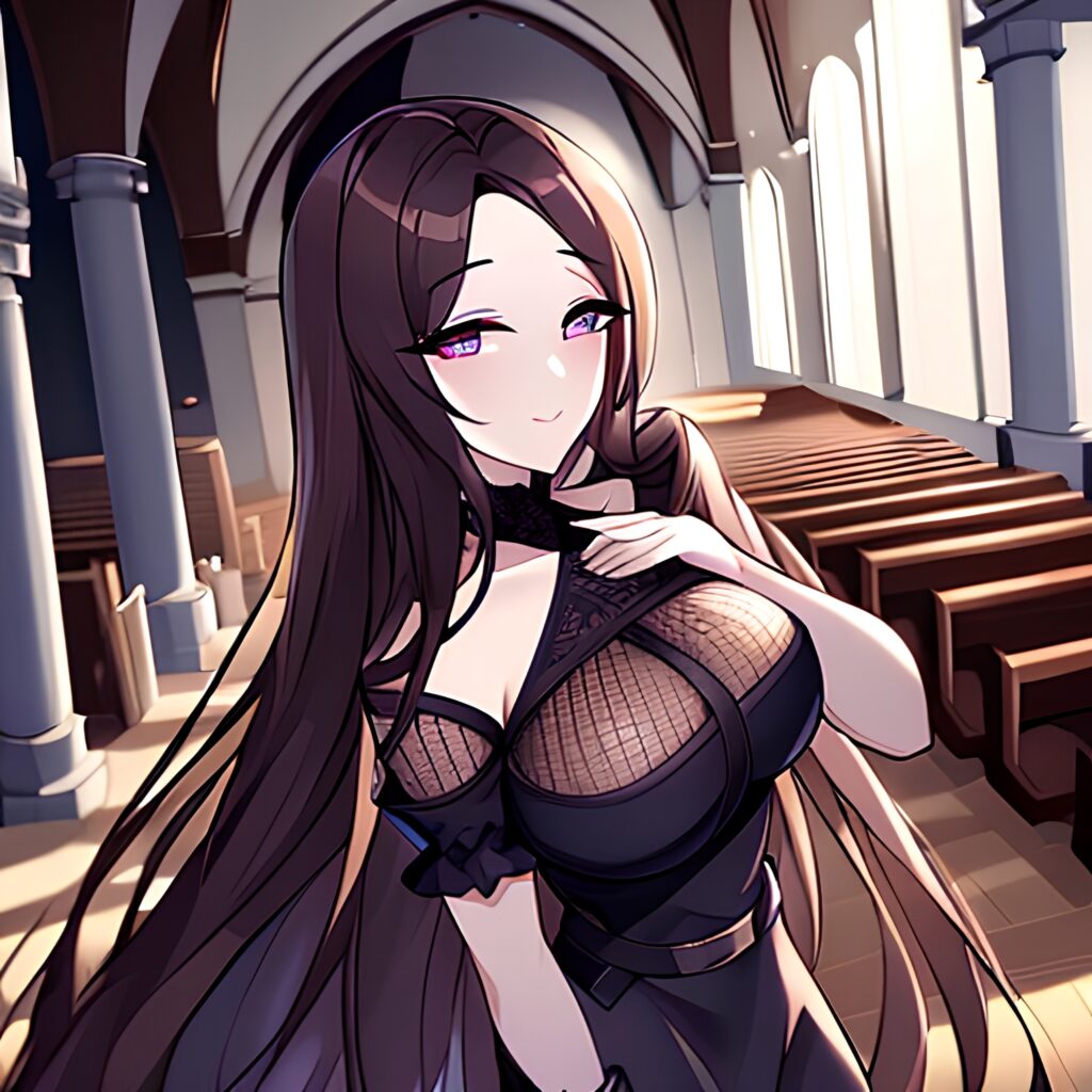 long hair woman church brunette messy hair fishnet 