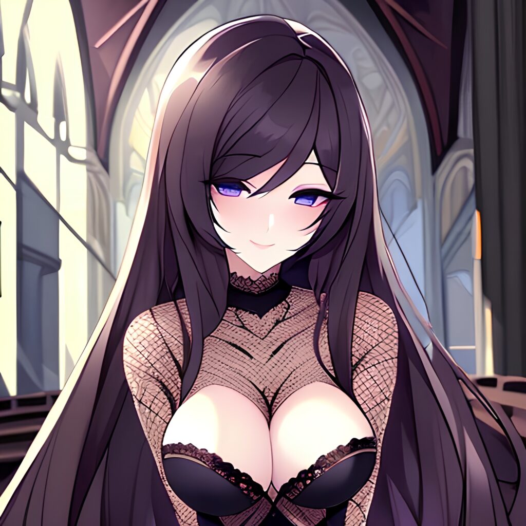 long hair woman church brunette messy hair fishnet 