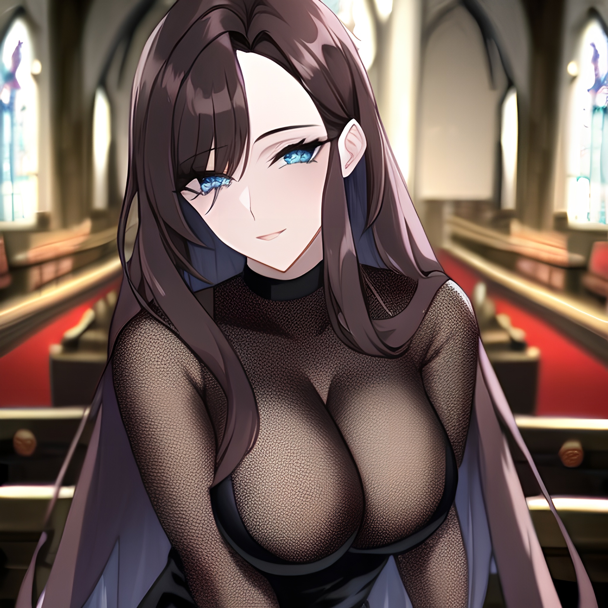 long hair woman church brunette messy hair fishnet 