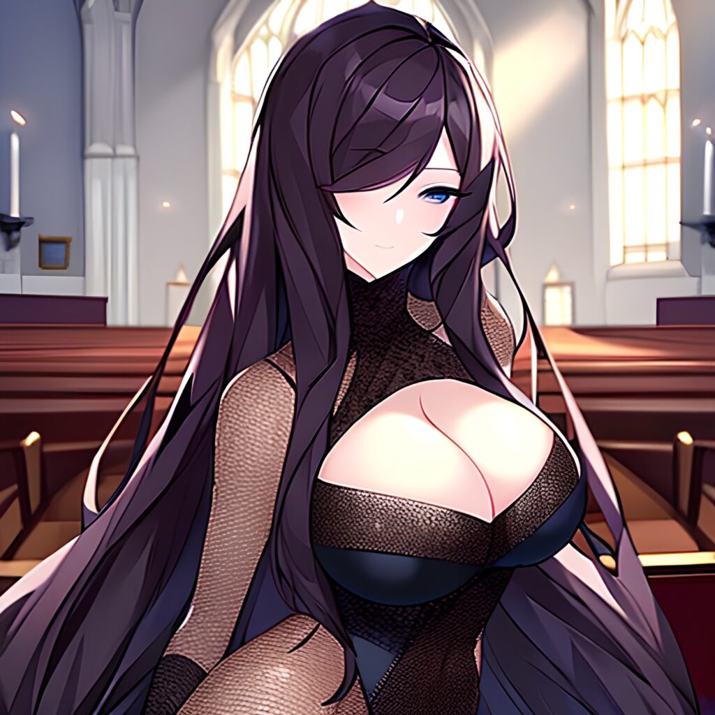 long hair woman church brunette messy hair fishnet 