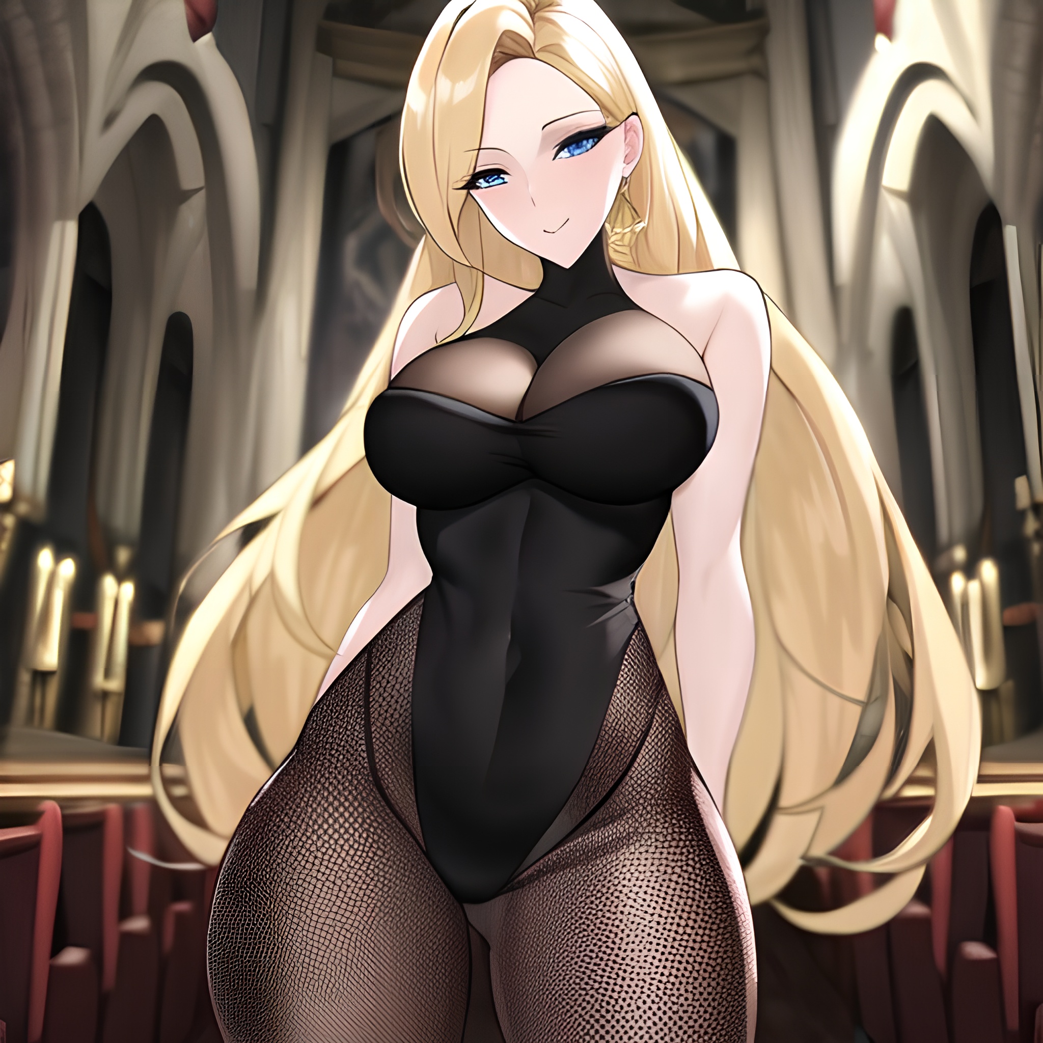 long hair woman church fishnet blonde 