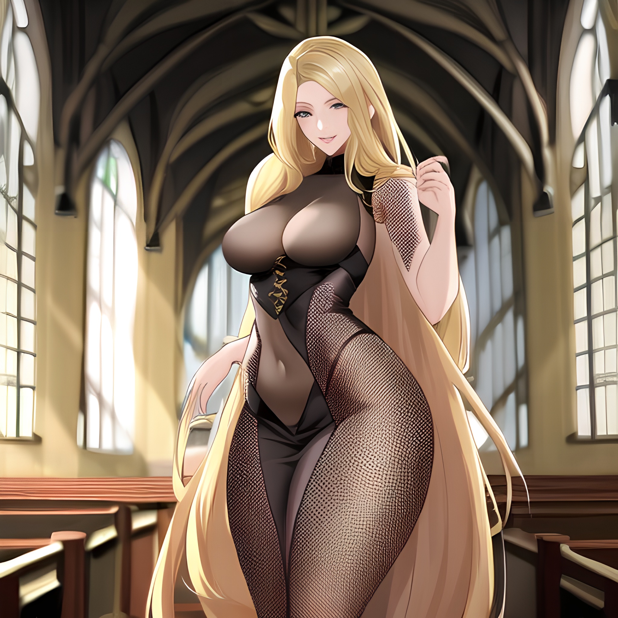 long hair woman church fishnet blonde 