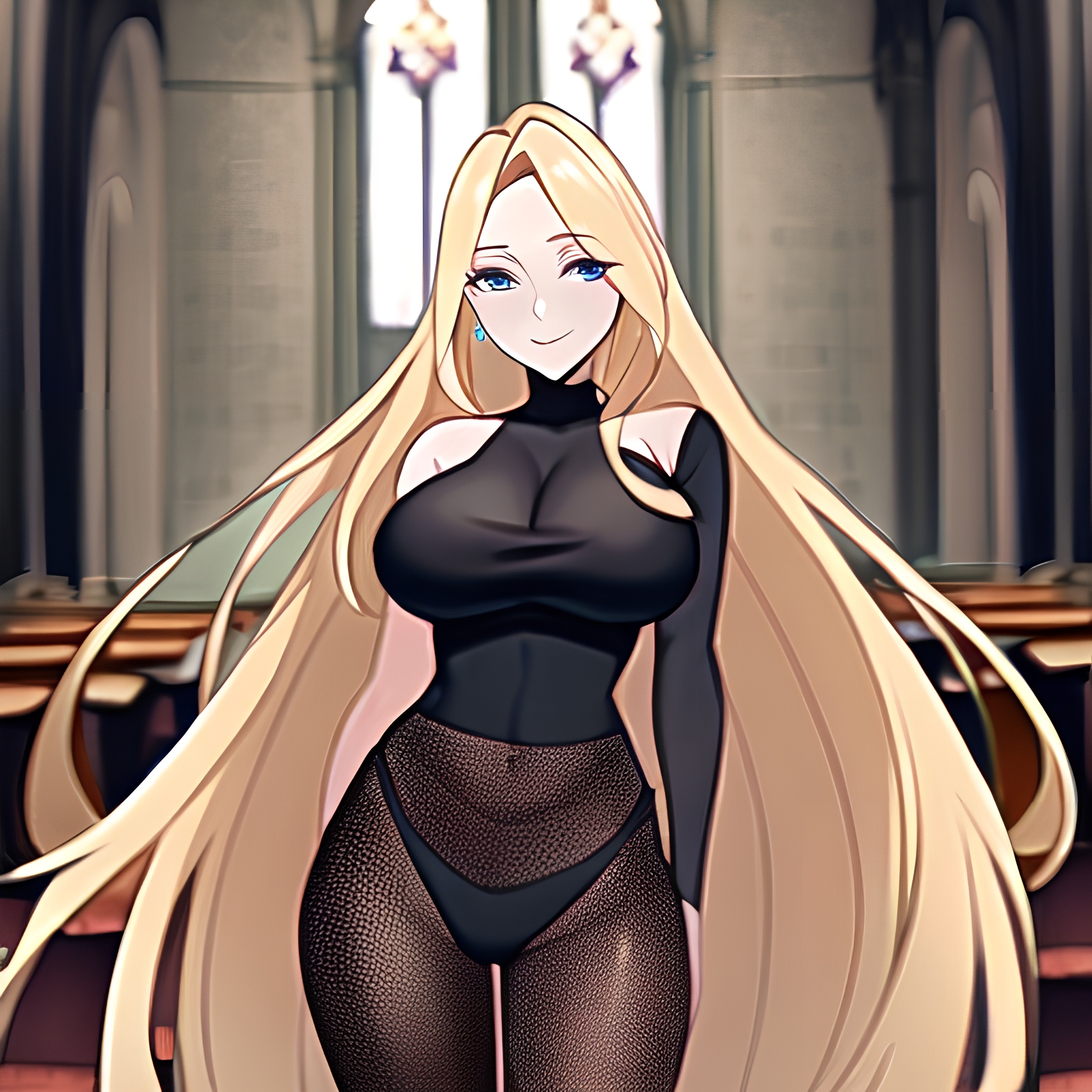 long hair woman church fishnet blonde