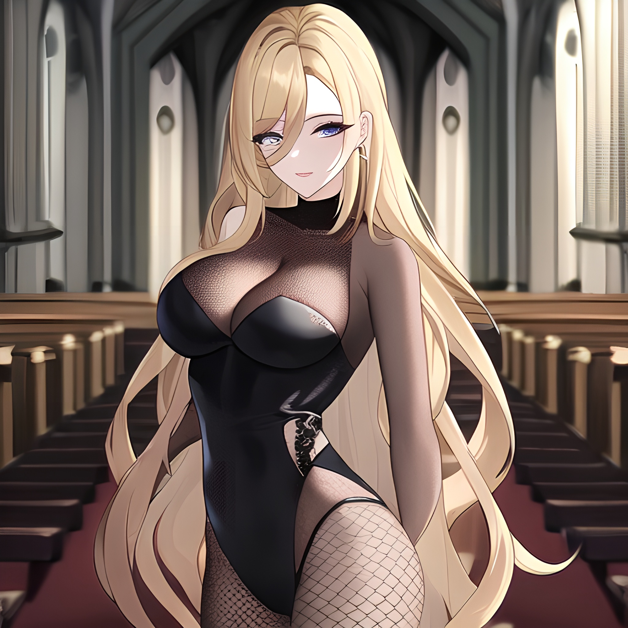 long hair woman church fishnet blonde 