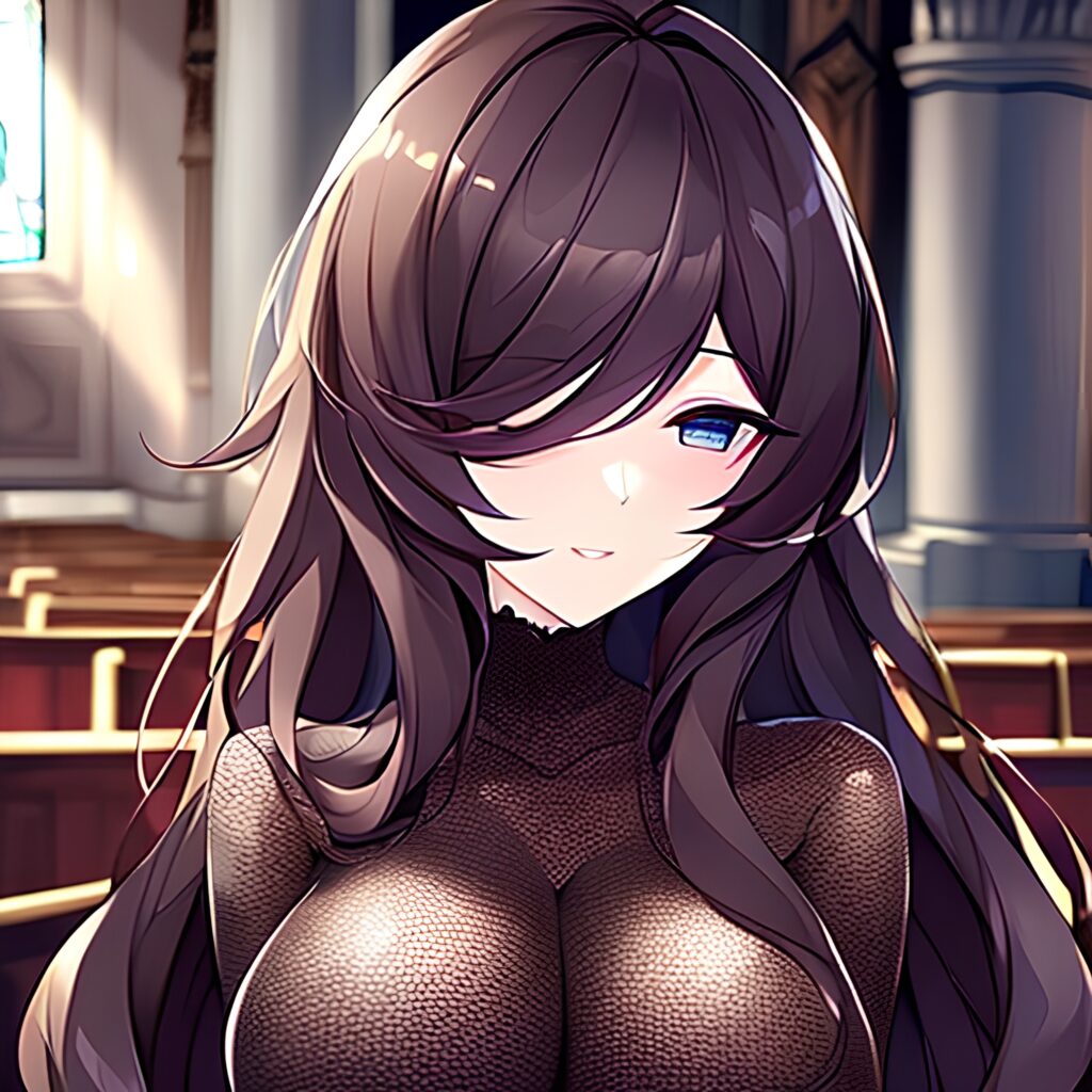 long hair woman church fishnet brunette messy hair 